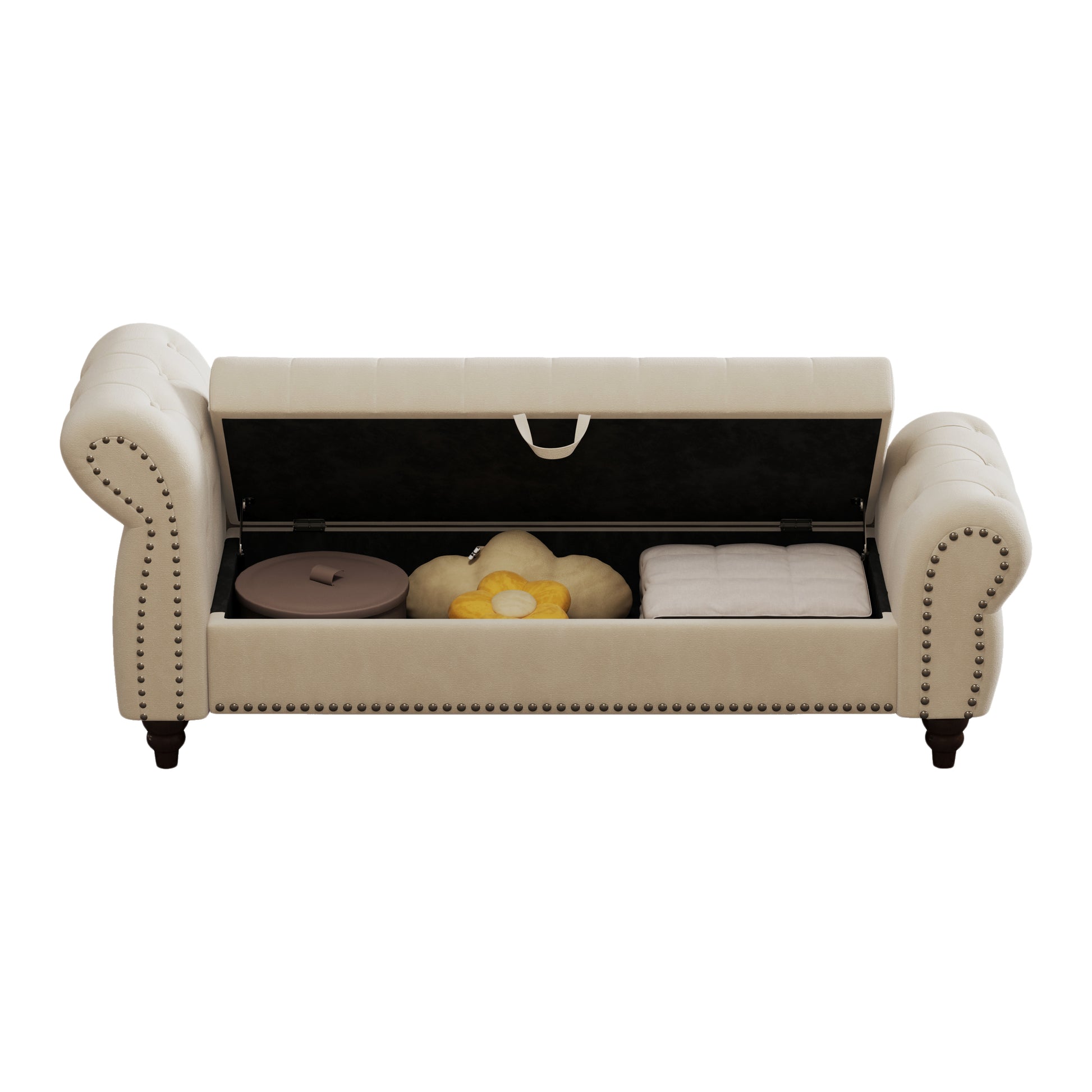 64.5" Bed Bench For Bed Room Nails Tufted Chaise Of Lounge With Storage Velvet Upholstery Beige Beige Foam Velvet