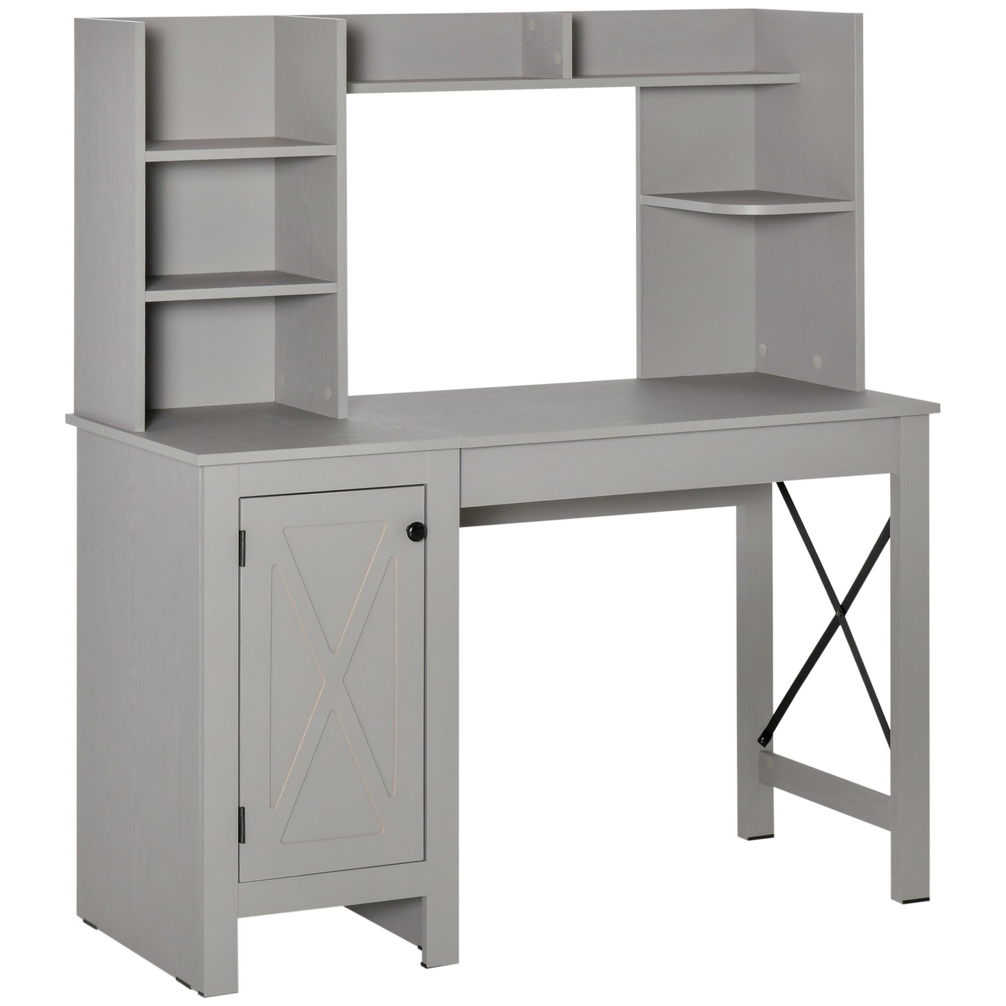 Homcom Farmhouse Computer Desk With Hutch And Cabinet, Home Office Desk With Storage, For Study, Light Grey Light Grey Particle Board