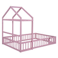 Wooden Floor Bed With Fence Railings And Detachable House Shape Headboard,Full Size Bed With Kids Dress Up Rack, Kids Montessori Style Playhouse Frame For Girls Boys, Pink Full Pink Wood