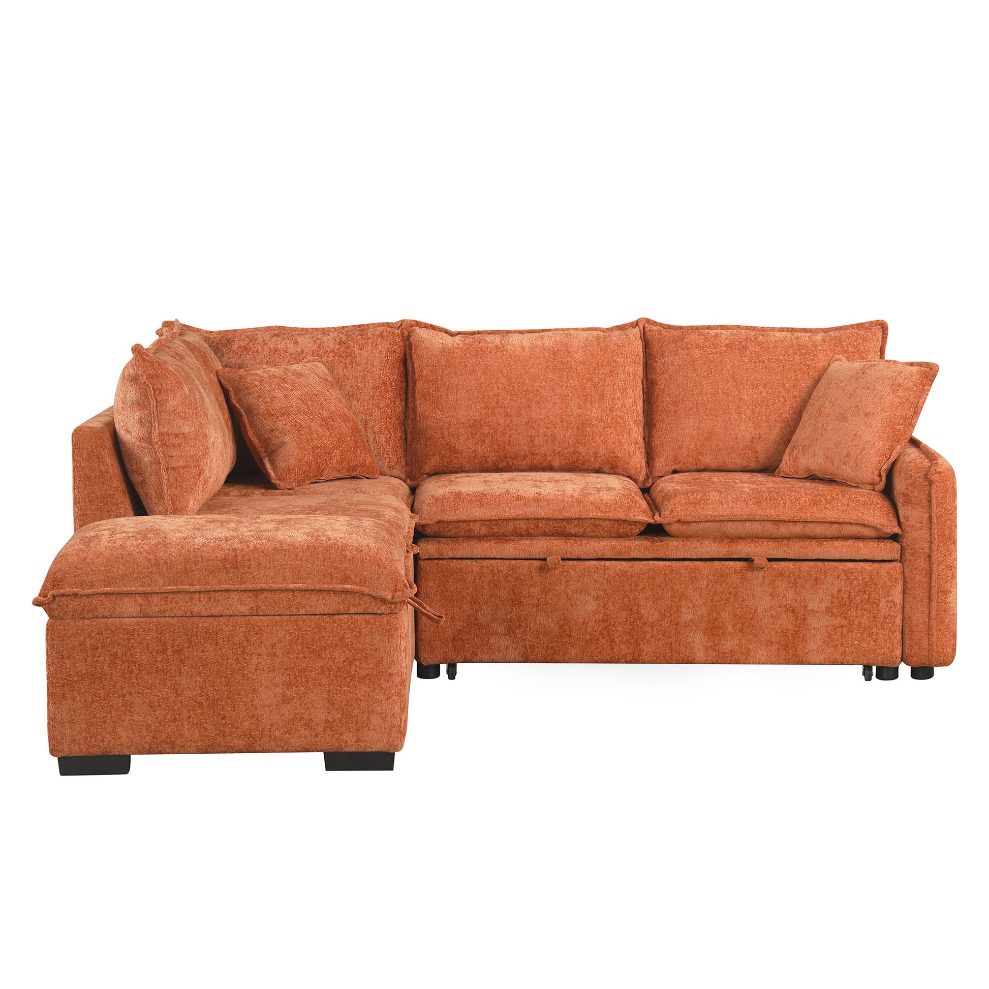 82.67"Convertible Sofa Bed Sectional Sofa Sleeper L Shaped Sofa With A Storage Ottoman,Two Pillows, Two Power Sockets And Two Usb Ports For Living Room, Orange Orange Foam Chenille 4 Seat