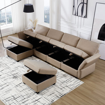 Adjustable Arms And Backs Modern U Shape Linen Couch Modular Sectional Sofa Couch With Storage Seat, Large Convertible Sofa With Reversible Chaise For Living Room Apartment Office, Brown Brown Polyester 4 Seat