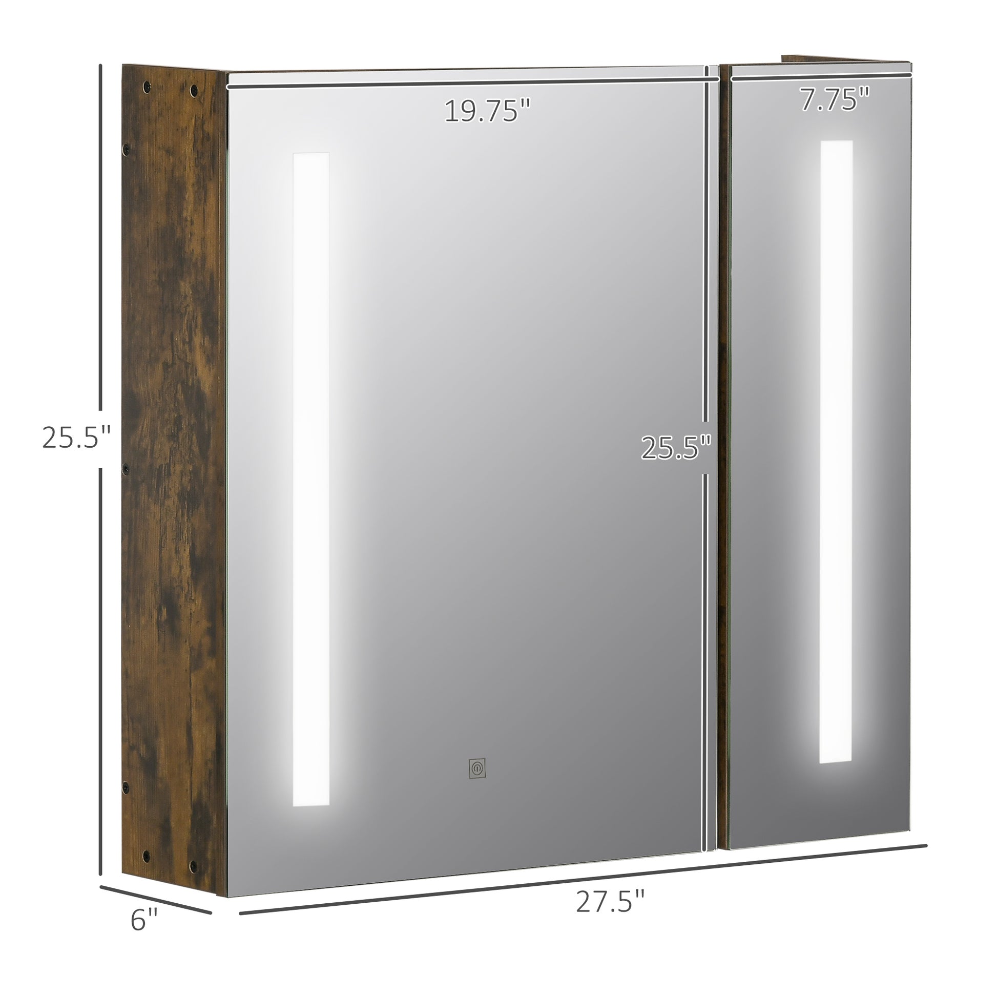Kleankin Lighted Medicine Cabinet With Mirror, 27.5" X 25.5" Wall Mounted Dimmable Bathroom Mirror Cabinet With 3 Tier Storage Shelves, Led Lights, Smart Touch And Usb Charge, Dark Wood Grain Rustic Brown Mdf