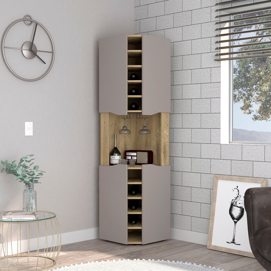 Corner Bar Cabinet, Ten Built In Wine Rack, Macadamia Taupe Multicolor Solid Wood Mdf Engineered Wood