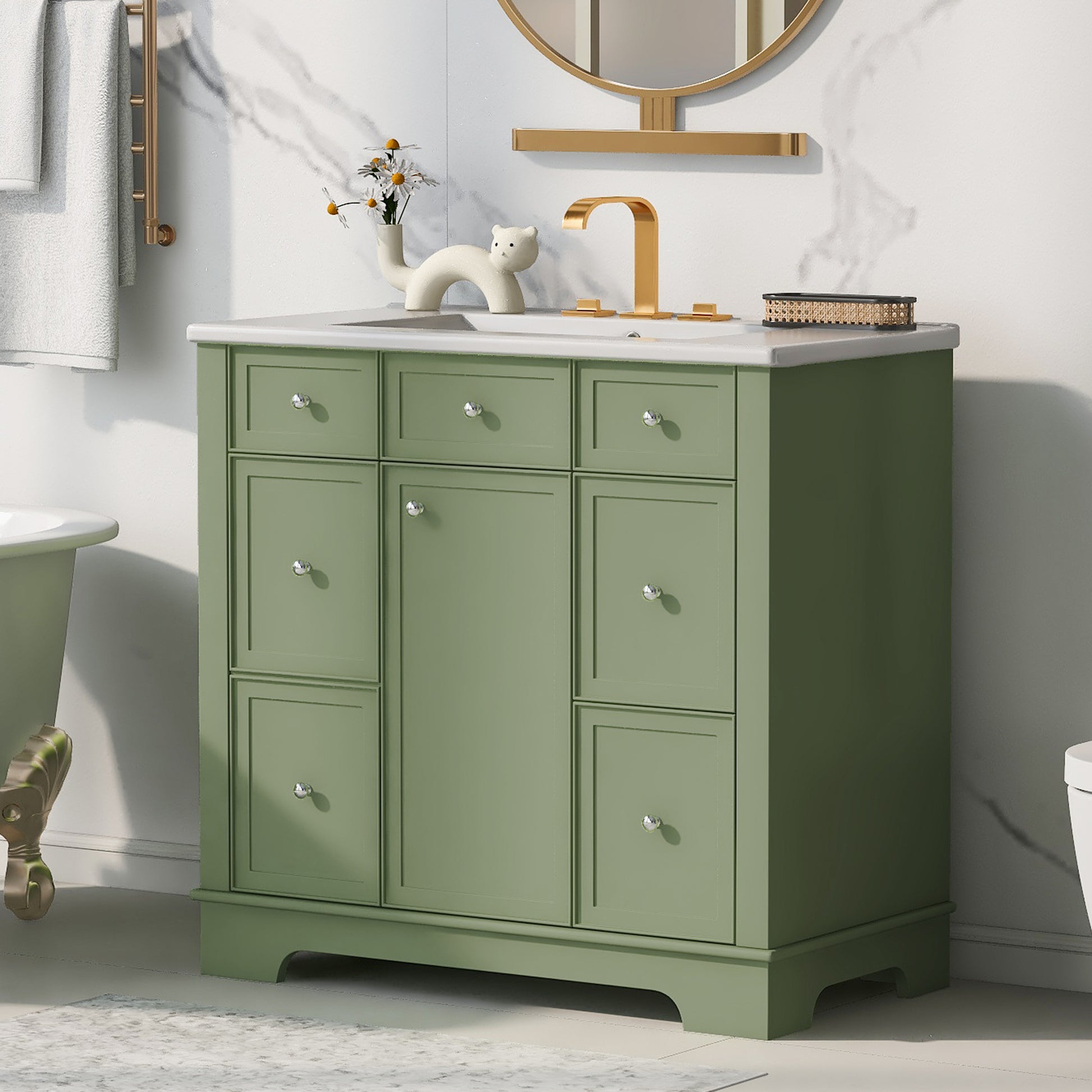 36" Bathroom Vanity With Sink, One Cabinet With Three Drawers And One Flip Drawer, Solid Wood And Mdf Board, Green Green Solid Wood Mdf