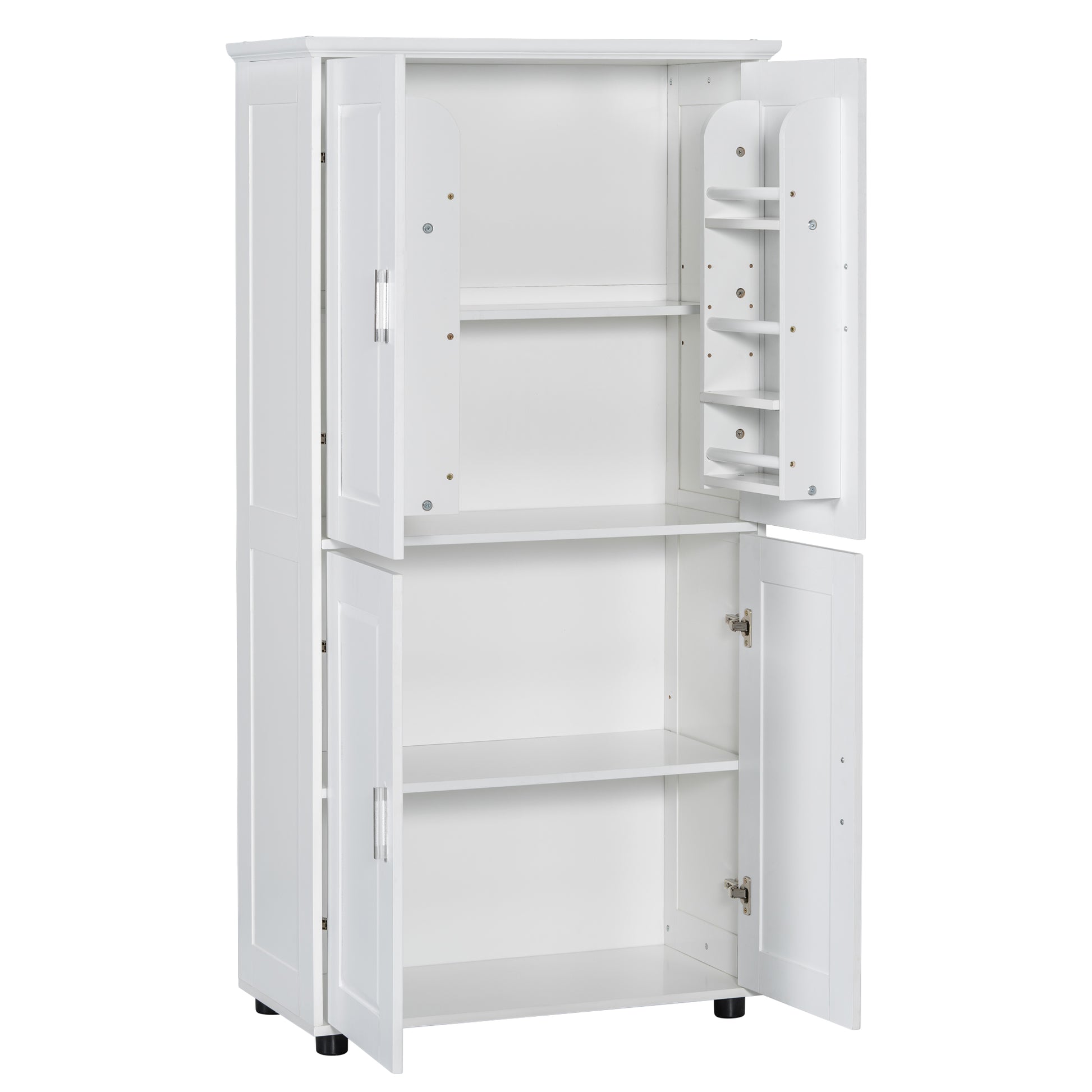 Tall And Wide Bathroom Floor Storage Cabinet, Bathroom Storage Unit, Freestanding Cabinet With 4 Doors, Adjustable Shelves, White White Mdf