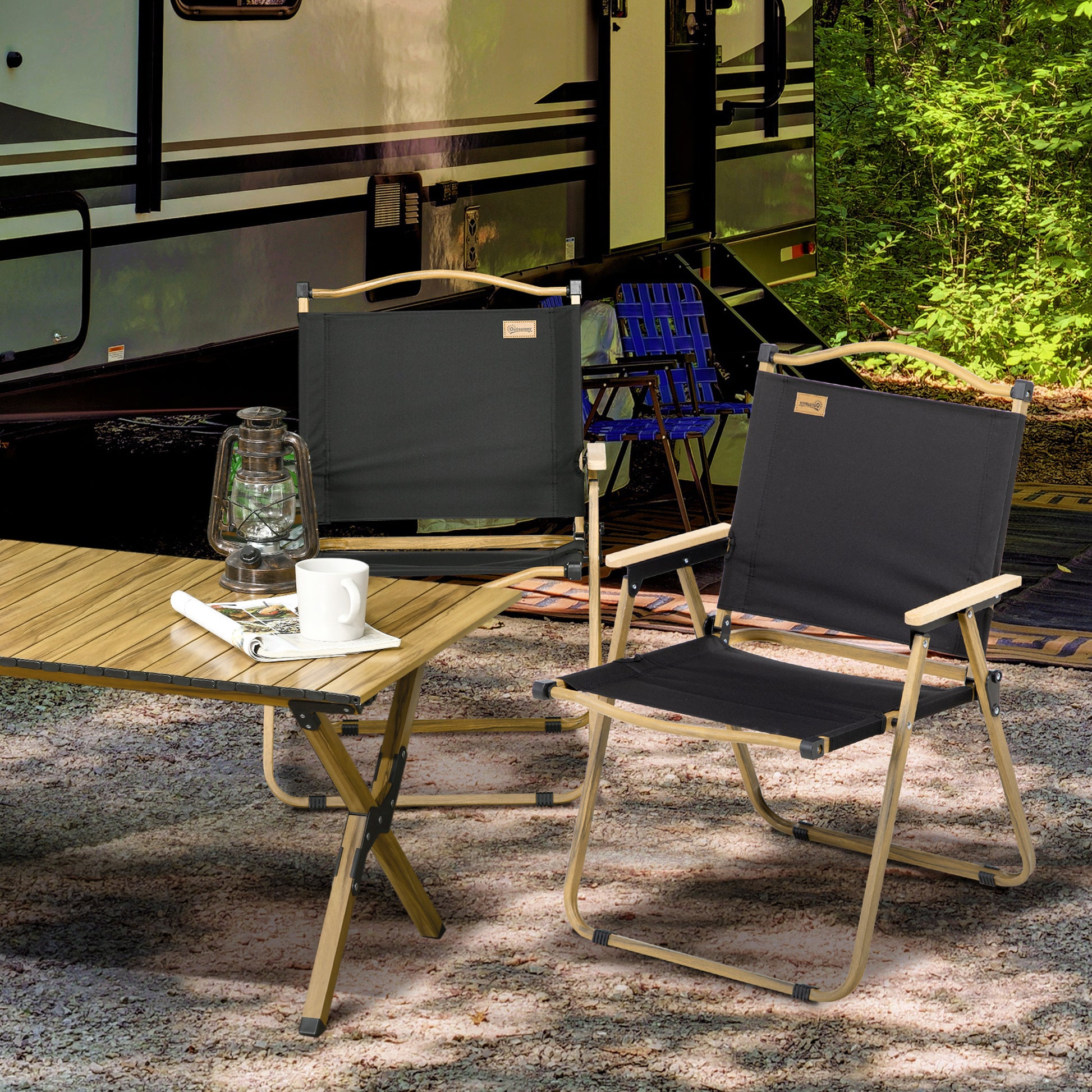Outsunny 2 Pack Folding Camping Chair, Lightweight & Portable Beach Chairs Armchairs, Perfect For Festivals, Fishing, Picnic And Hiking, Black Black Metal