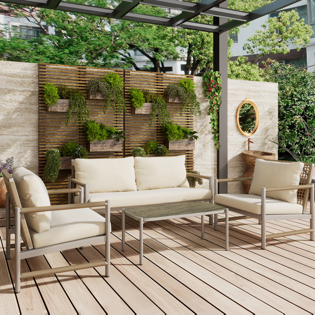 4 Pieces Patio Furniture Set, Pe Rattan Wicker 4 Pcs Outdoor Sofa Set W Washable Cushion And Tempered Glass Tabletop, Conversation Furniture For Garden Poolside Balcony Yes Complete Patio Set White Natural Garden & Outdoor Artsy Complete Patio Sets