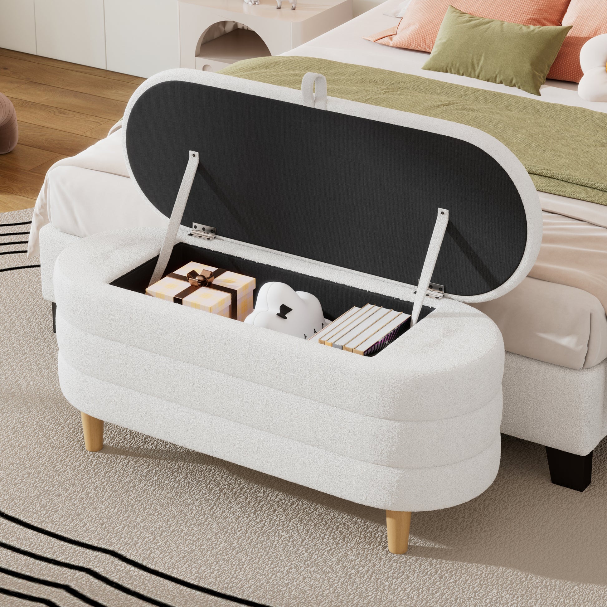 Elegant Upholstered Sherpa Fabric Storage Ottoman With Wood Legs, Storage Bench For Bedroom, Living Room, White White Wood