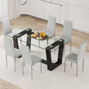 Table And Chair Set.A Rectangular Dining Table Features With Tempered Glass Top And Sleek Black Mdf Stand.Paried With 6 Pu Chairs With Checkered Armless High Back And Electroplated Metal Legs. Light Gray,Transparent Seats 6 Mdf Glass