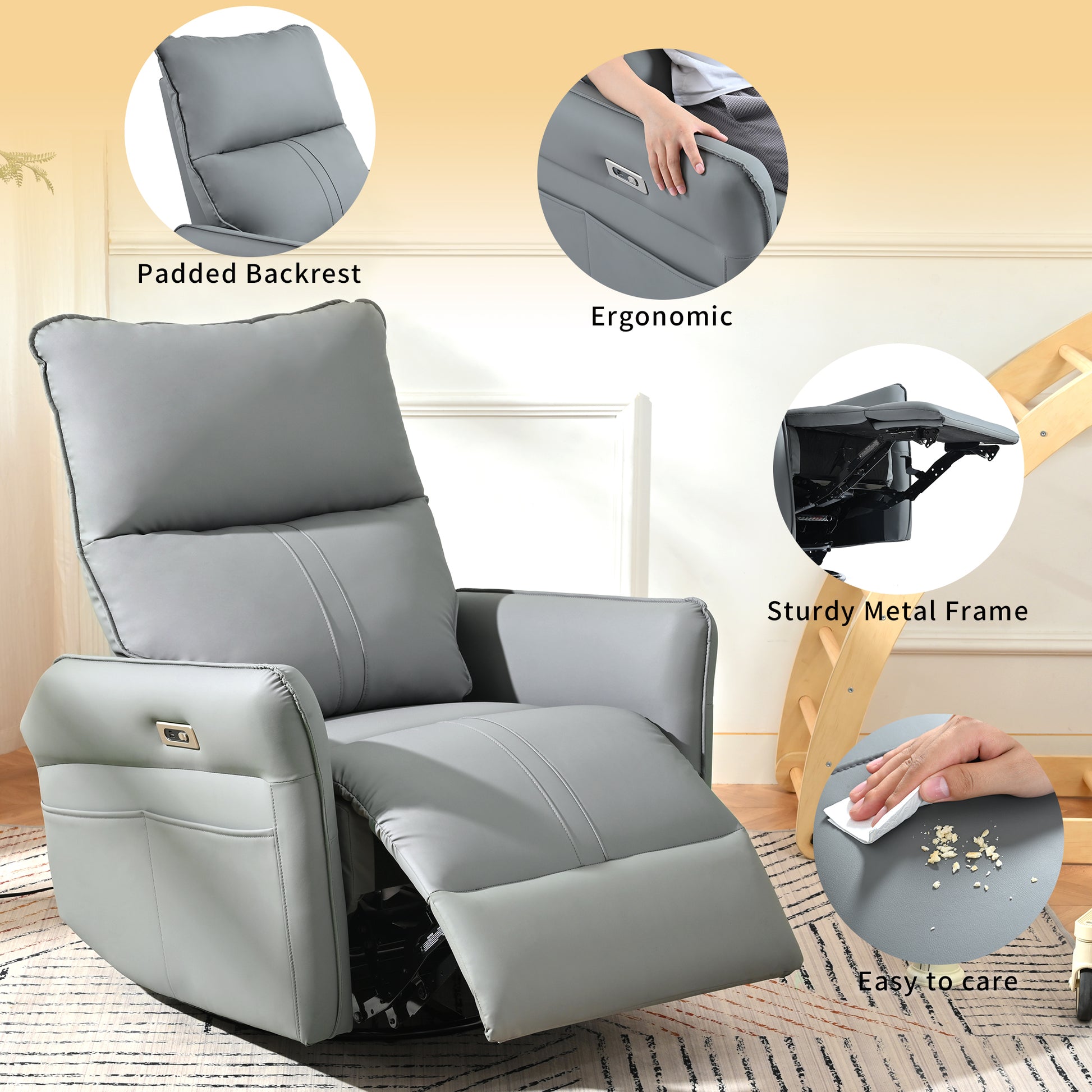 Power Swivel Rocker Recliner Chair For Adults, 270 Swivel Rocking Recliner Chair,Electric Small Recliners For Small Spaces, Single Sofa Recliner For Living Room, Bedroom,Rv Blue Gray Light Brown Wood Primary Living Space Heavy Duty Push Button Rubberwood