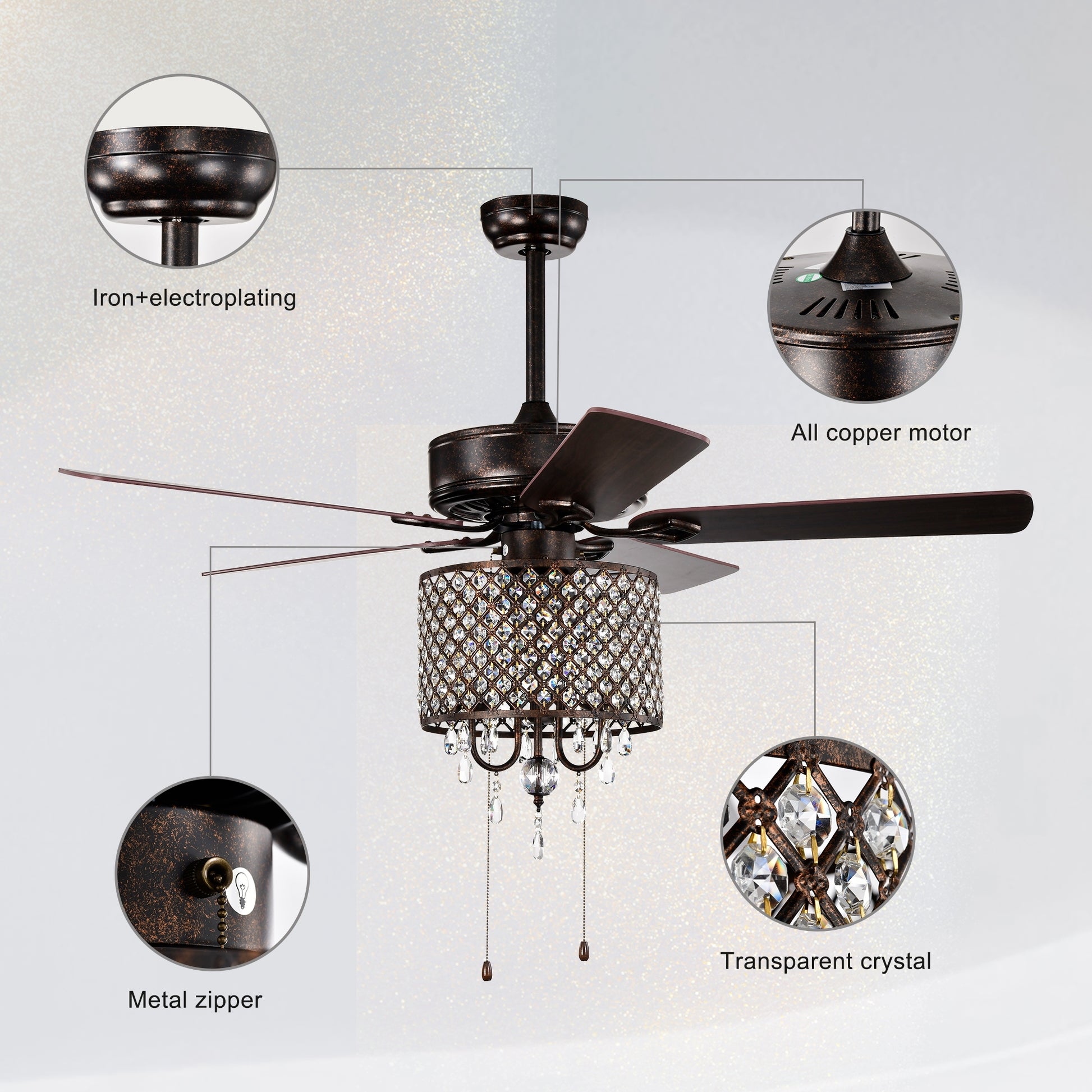 52'' Classical Crystal Ceiling Fan Lamp,3 Speed5 Reversible Blades For Living Room, Dining Room, Bedroom, Family Room, Rustic Bronze ,3Pcs*E12 No Include Bulb Hand Pull Chain Rustic Brown American Traditional,Antique,Classic,Contemporary Crystal Metal