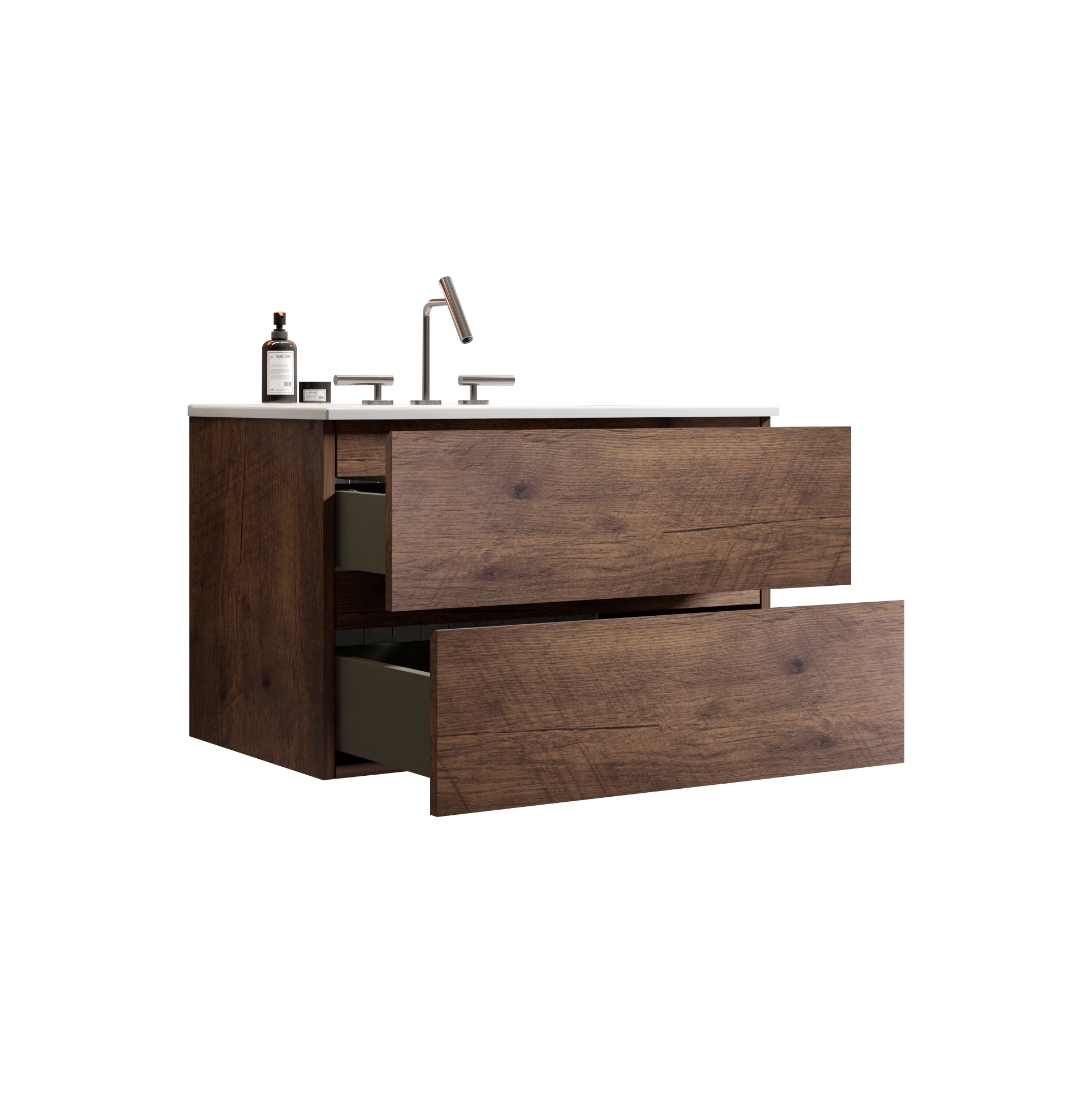 Wall Mount 30" Walnut Bathroom Vanity With Ceramic Sink With Three Faucet Holes, Large Storage Floating Bathroom Vanity For Modern Bathroom, One Piece Sink Basin Without Drain, Pre Assembled Walnut Bathroom Modern Ceramic Mdf