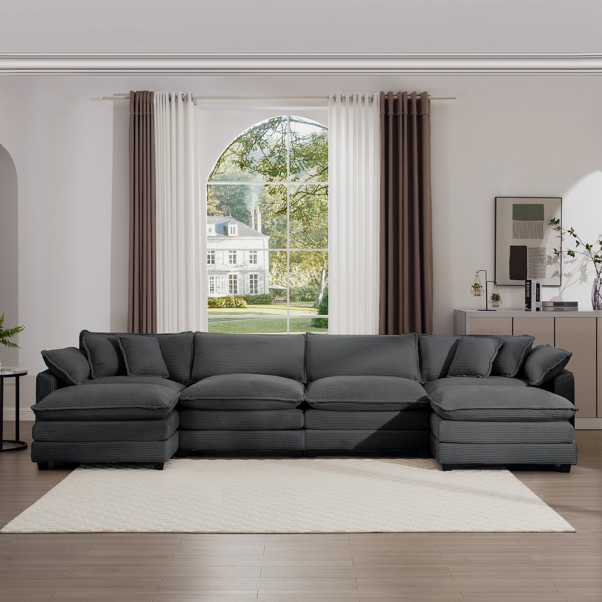 Corduroy Sofamodern Upholstered 4 Seater With 3 Footstools Corduroy Fabric Sofaoffice Living Room Apartment Comfortable Sofa, Easy To Assemble With 2 Arm Pillows And 4 Throw Pillows Grey Corduroy 4 Seat