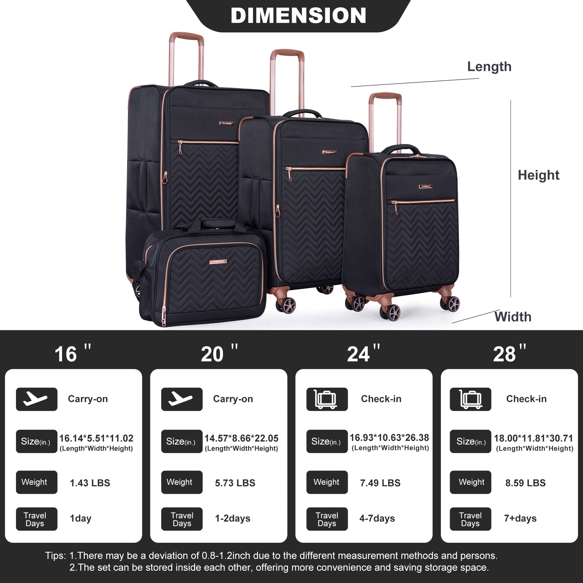 4 Piece Set 16 20 24 28 ,Softshell Suitcase Spinner Wheels Terylene Luggage Sets Carry On Suitcase Luggage Lightweight Durable Suitcase Black Black Polyester