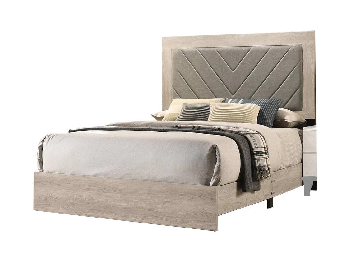 Contemporary 1Pc Cream Finish Eastern King Size Bed Bedroom Furniture Gray V Design Headboard Rubberwood 1Pc Bedframe Box Spring Required King Cream Grey Wood Bedroom