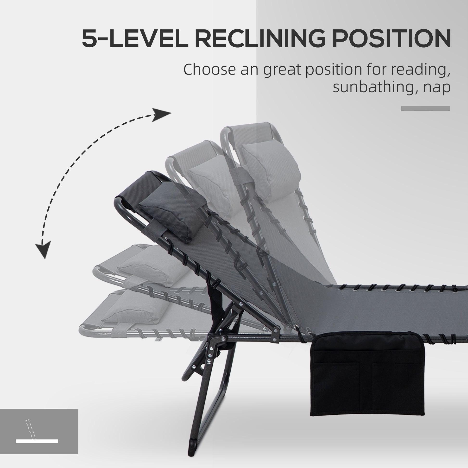 Outsunny 2 Piece Folding Chaise Lounge With 5 Level Reclining Back, Outdoor Tanning Chair With Reading Face Hole, Outdoor Lounge Chair With Side Pocket & Headrest For Beach, Yard, Patio, Gray Gray Steel