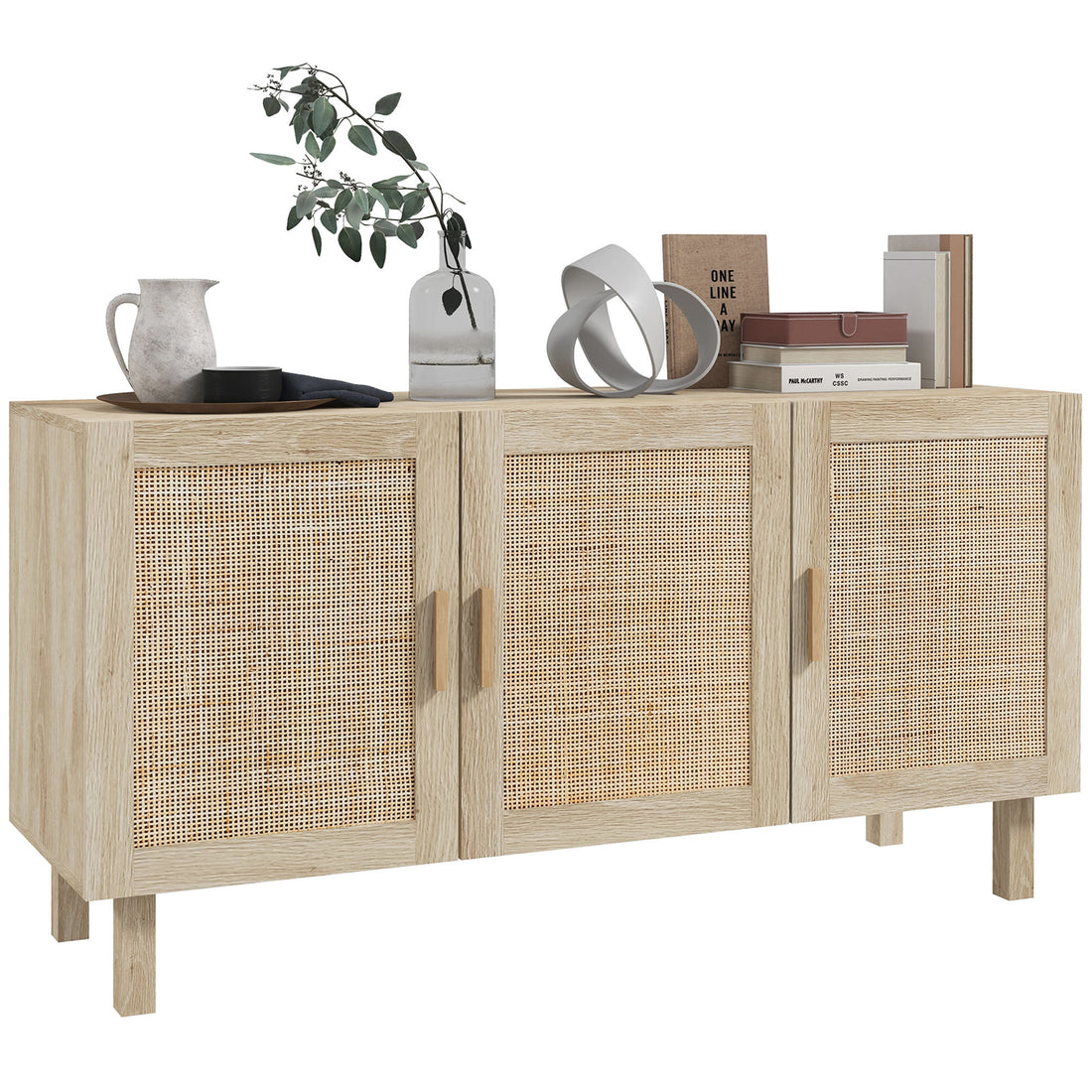 Homcom Sideboard Buffet Cabinet, Kitchen Cabinet, Coffee Bar Cabinet With 3 Rattan Doors And Adjustable Shelves, Natural Mixed Natural Particle Board