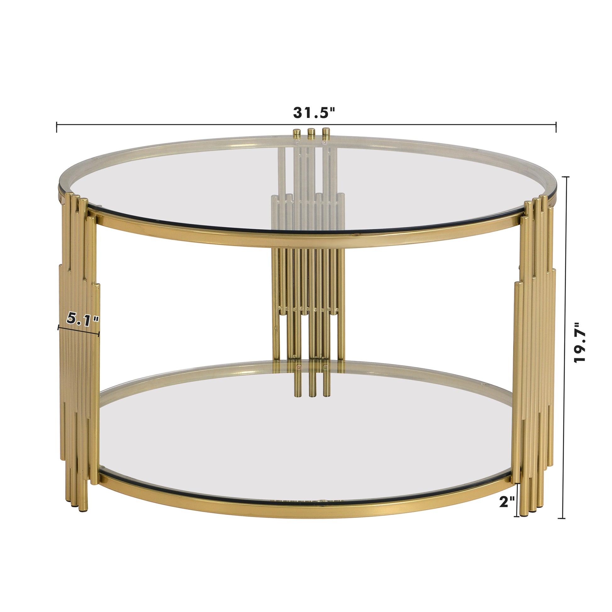 Modern Glass Coffee Table In 31.5", Asymmetrical Metal, Circular Metal Drum Base, Gold Finish & Lower Shelf Transparent Tempered Glass