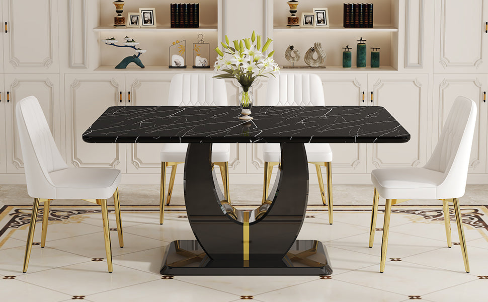 Table And Chair Set.63"W X 37"D X 30"H Black Marble Mdf Diningtable Set With 4 White Pu Chairs With Gold Metal Legs.Bring A Comfortable Home Experience To The Kitchen, Bedroom, And Office. White