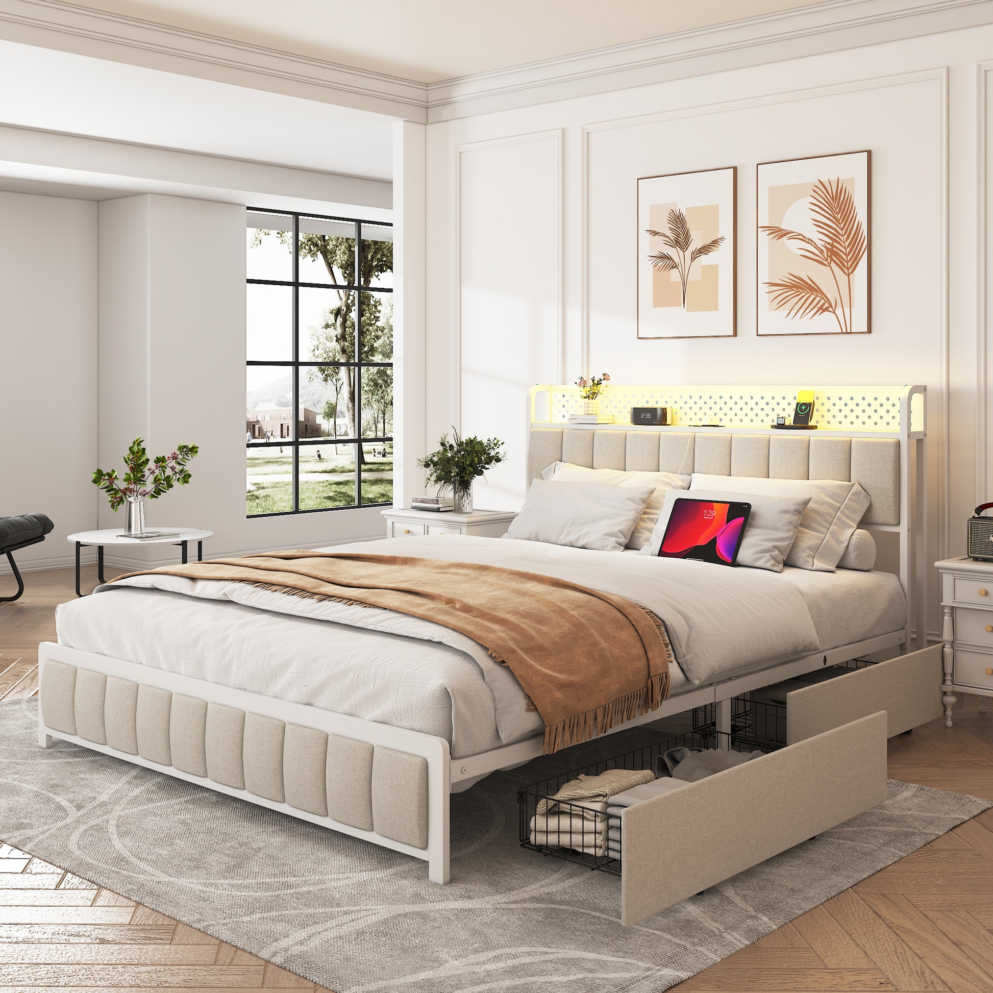 Full Size Platform Bed With 4 Drawers, Metal Bed Frame With Led Lights And Charging Station, No Box Spring Needed, Beige , Noise Free,Easy Assemble. Box Spring Not Required Full Beige Metal Bedroom Bed Frame Linen Mdf Metal