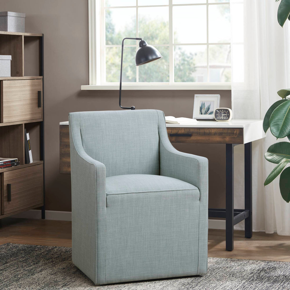 Skirted Dining Arm Chair With Casters Blue Wood