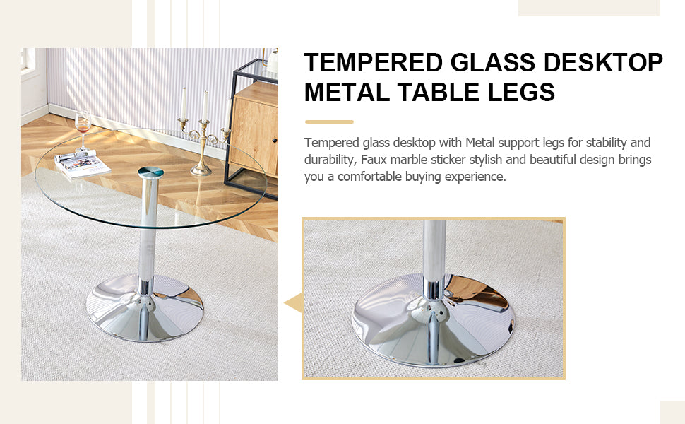 A Glass Tabletop With A Diameter Of 39.7 Inches And A Modern Minimalist Circular Dining Table With Electroplated Silver Metal Legs. Suitable For Restaurants, Living Rooms, And Conference Rooms.Dt