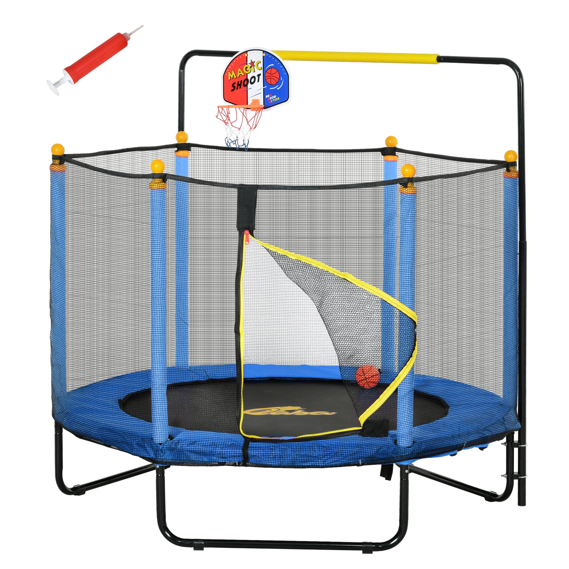 Qaba 4.6' Kids Trampoline With Basketball Hoop, Horizontal Bar, 55" Indoor Trampoline With Net, Small Springfree Trampoline Gifts For Kids Toys, Ages 3 10, Blue Blue Steel