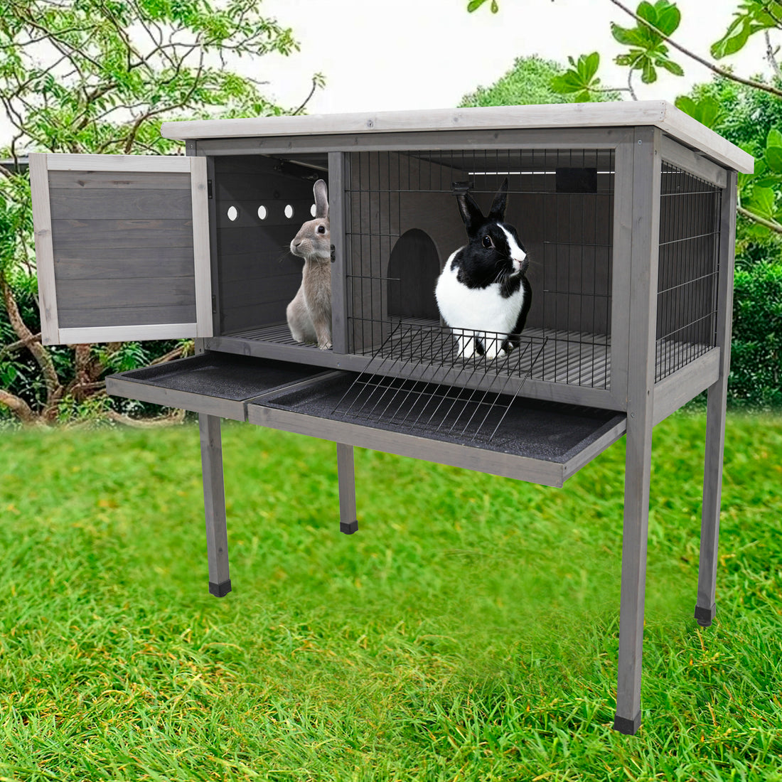 48"Wood Rabbit Hutch, Indoor Outdoor Bunny Cage With Roof And Removable Tray, Chicken Coop With Lockable Door, Guinea Pig Cage, Small Animal Houses & Habitats Grey Gray Solid Wood