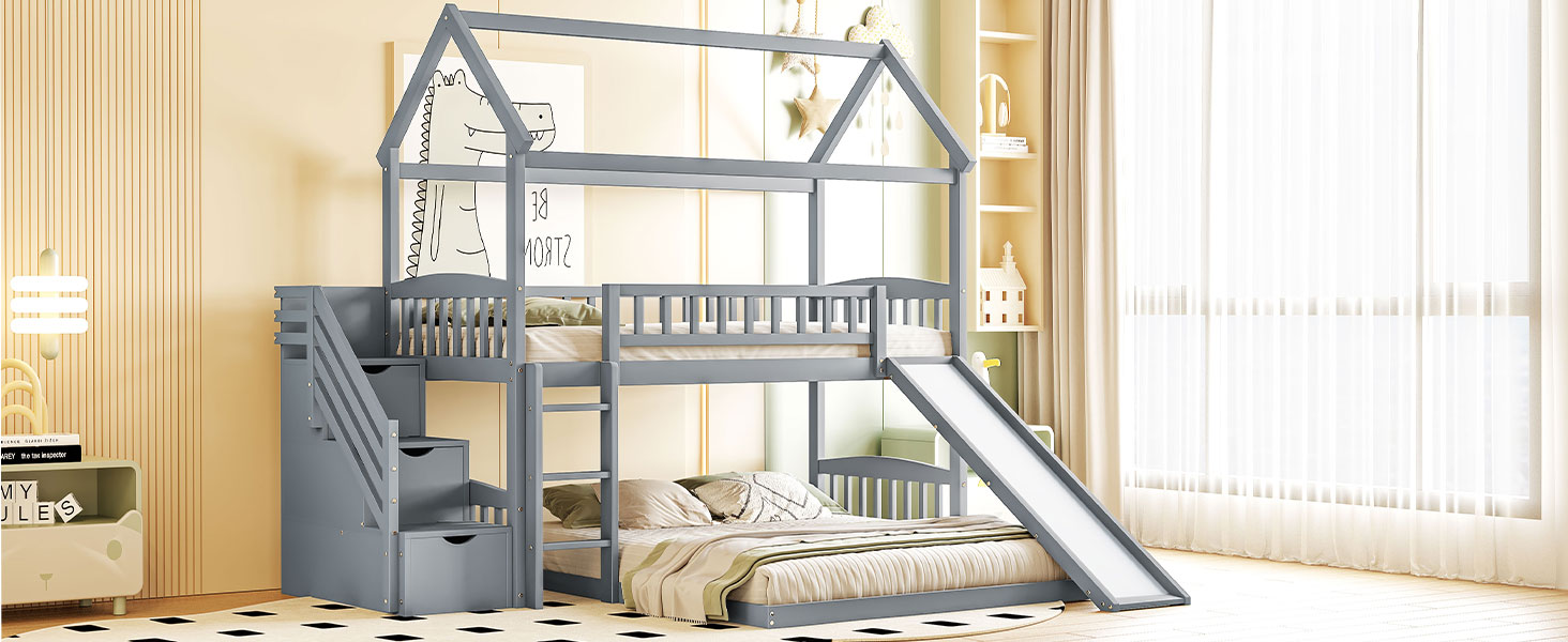 Twin Over Twin Bunk Bed With Two Drawers And Slide, House Bed With Slide, White Old Sku :Lt000129Aae Gray Pine