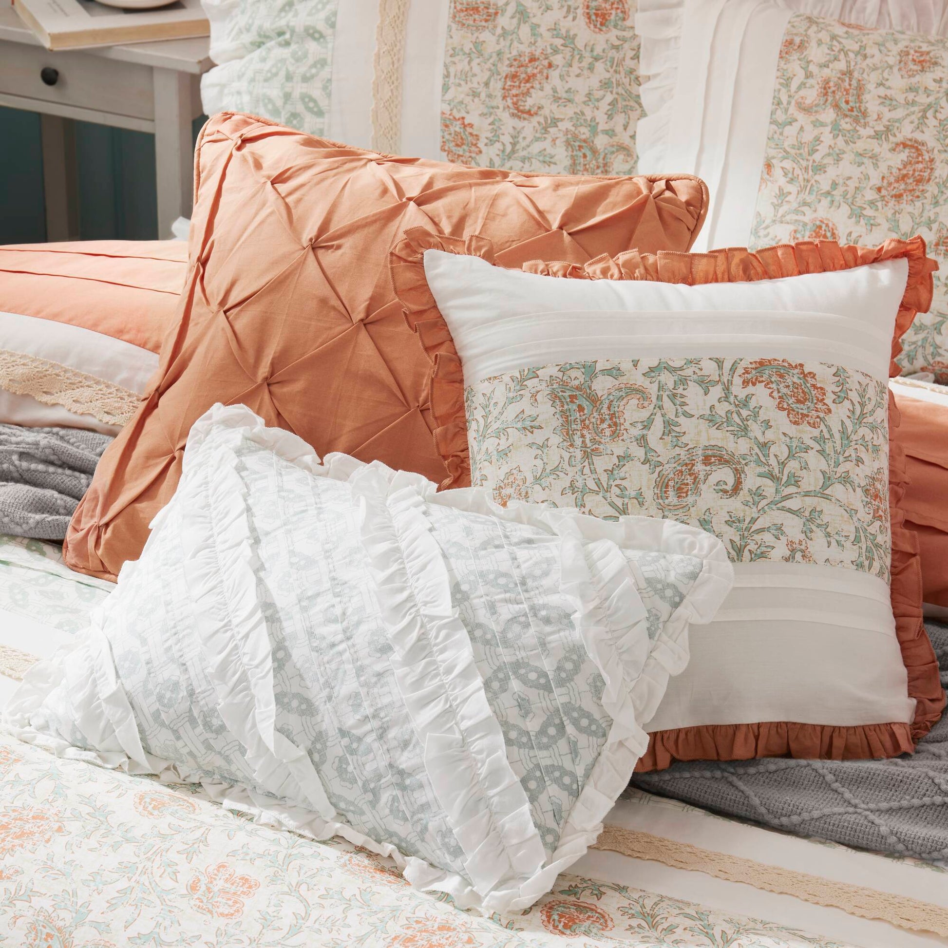 9 Piece Cotton Percale Comforter Set Coral Queen Queen Coral Polyester