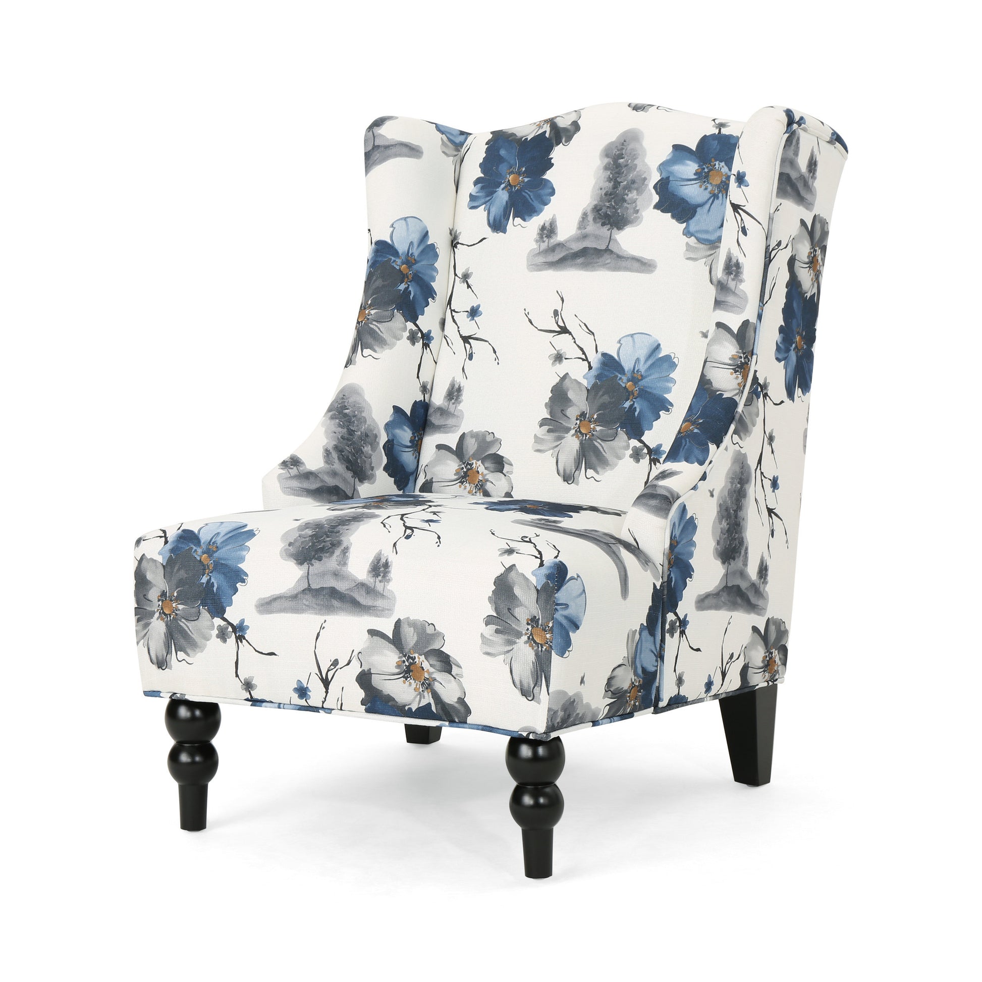 Toddman Hi Back Club Chair, High Back Fabric Club Chair, Print Beige Blue Flower Fabric