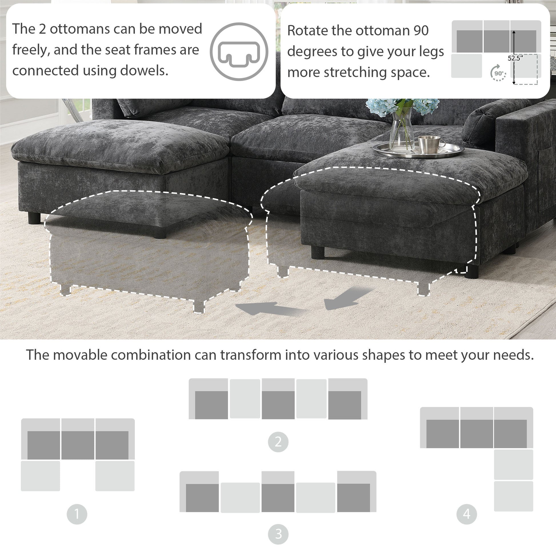 86.5''Chenille Sectional Sofa With Storage Pockets, 5 Seat U Shaped Sleeper Couch Set,2 Pic Free Combination,Convertible Sofa Bed With Ottoman For Living Room,Apartment,3 Colors Dark Grey Chenille 5 Seat