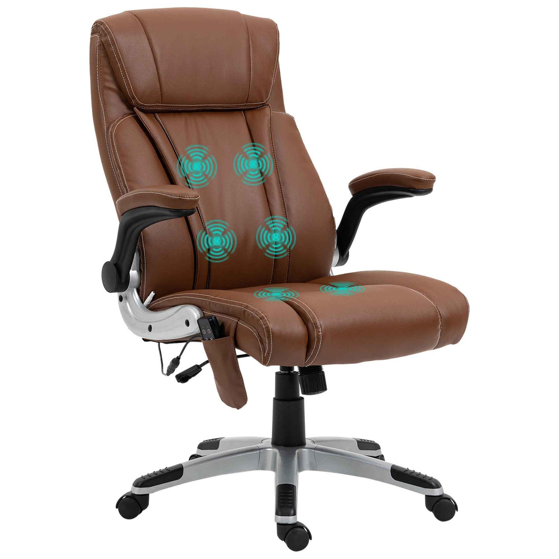 Vinsetto Executive Massage Office Chair With 6 Vibration Points, Heated Faux Leather Computer Desk Chair With Flip Up Armrest, Adjustable Height, Swivel Wheel, Brown Brown Leather