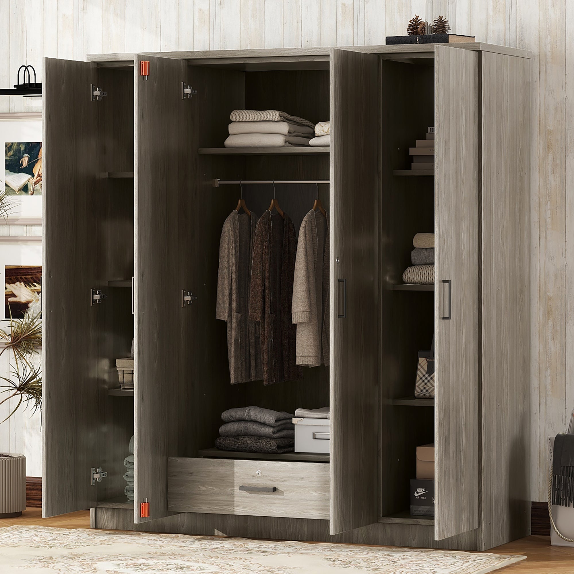 4 Door Wardrobe With 1 Drawer, Gray Grey Gray Bedroom Contemporary Mdf