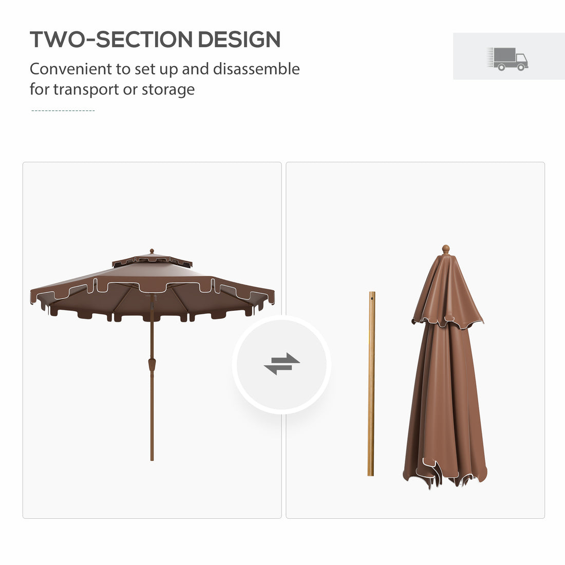 Outsunny 9' Patio Umbrella With Push Button Tilt And Crank, Double Top Ruffled Outdoor Market Table Umbrella With 8 Ribs, For Garden, Deck, Pool, Brown Brown Polyester