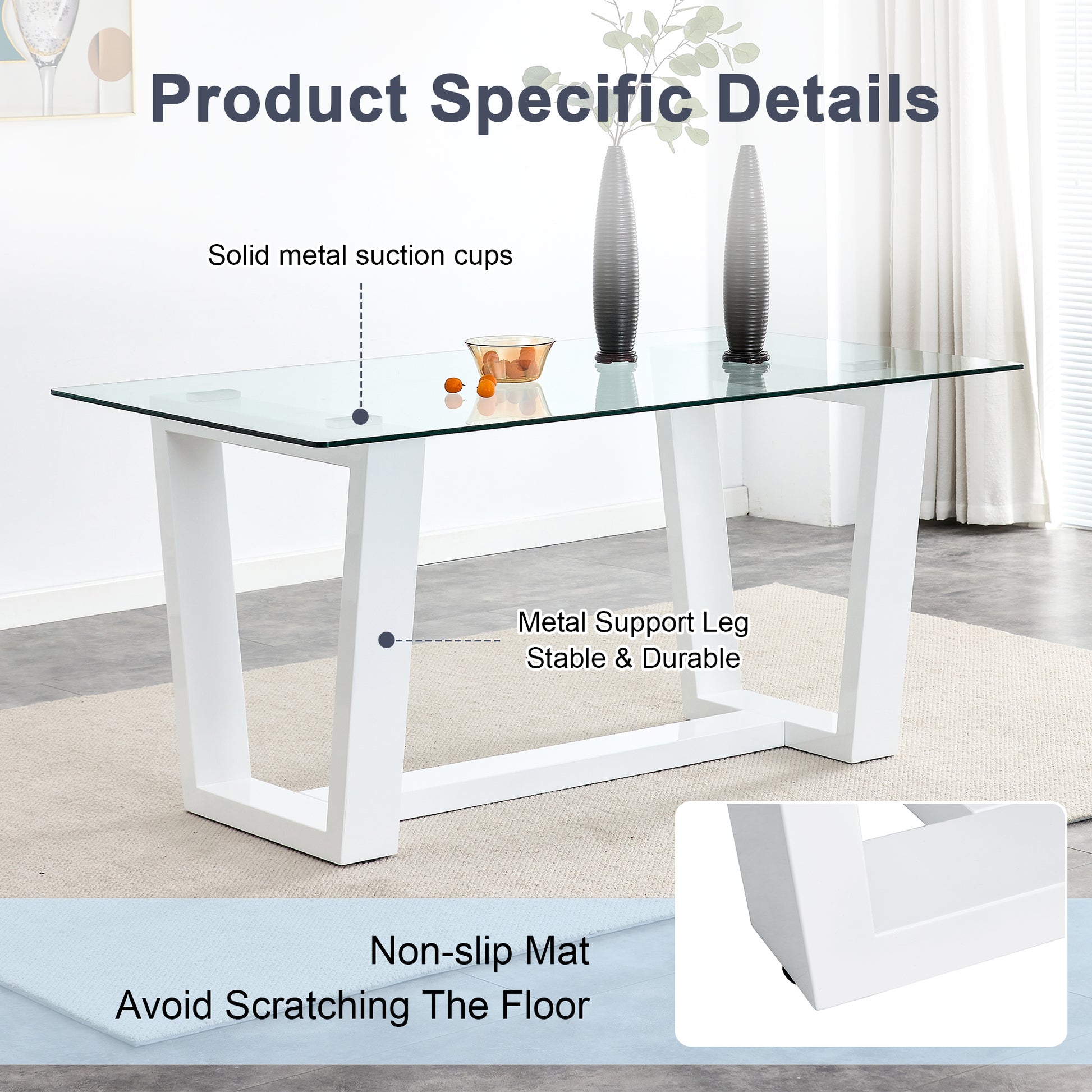 Table And Chair Set.A Rectangular Dining Table Features With Tempered Glass Top And Sleek White Mdf Stand.Paried With 4 Pu Chairs With Checkered Armless High Back And Electroplated Metal Legs. Light Gray,White Seats 4 Mdf Glass