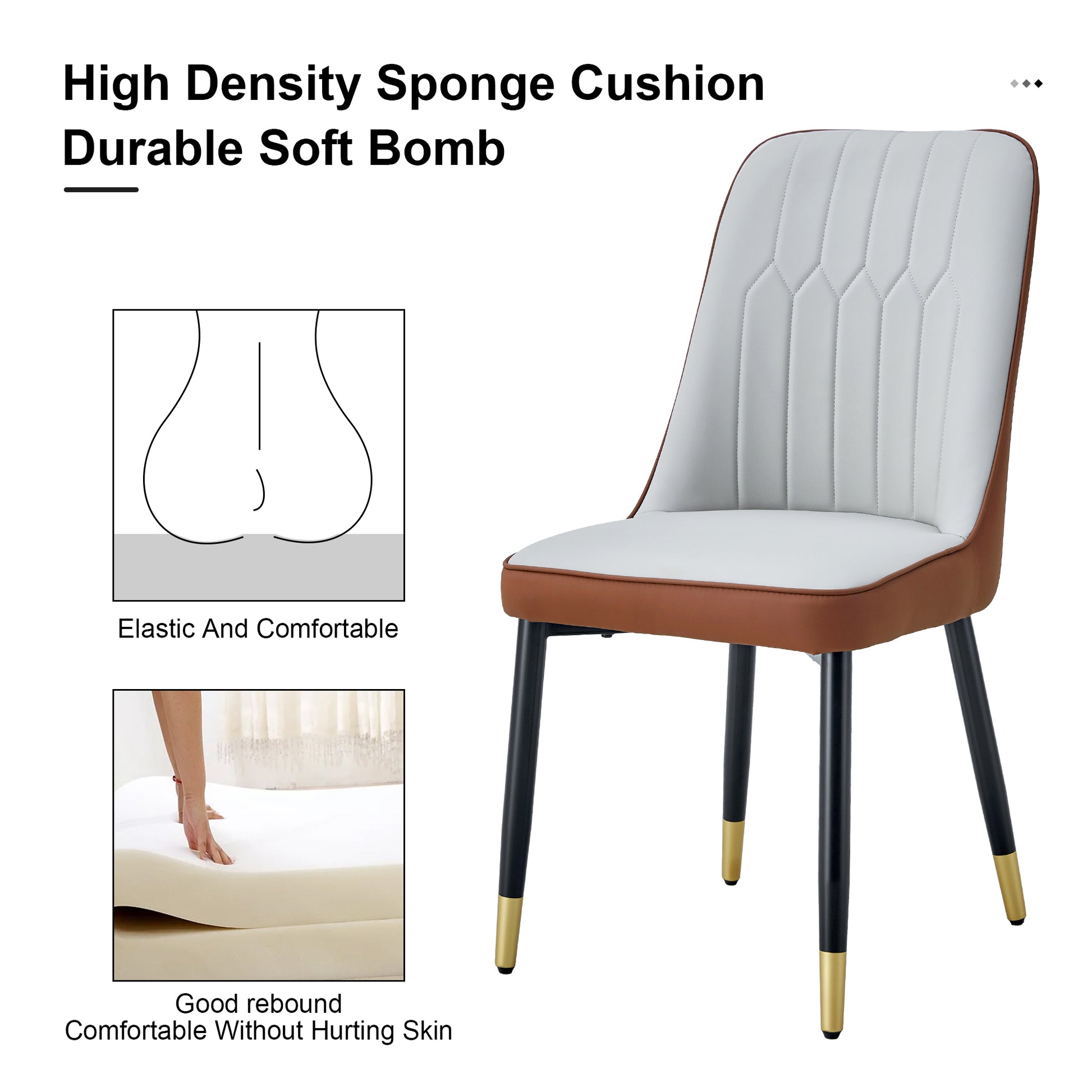 Table And Chair Set.A Morden Table With White Imitation Marble Patterned Stone Burning Tabletop With Golden Metal Legs.Paried With 4 Chairs With Pu Leather Backrest And Black Metal Legs. Grey Brown,White Gold Seats 4 Metal,Sintered Stone