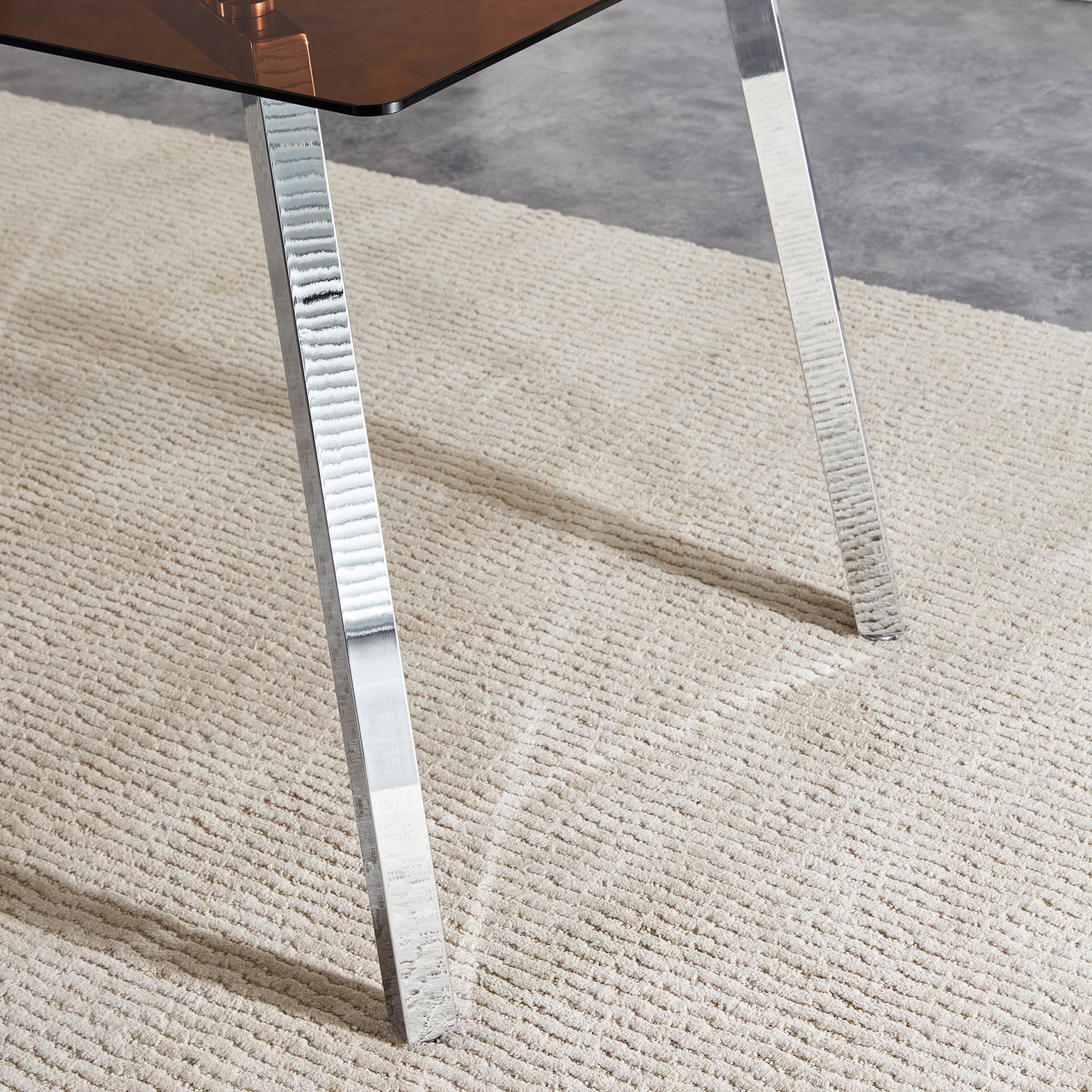 Table And Chair Set.Large Modern Rectangular Table With Brown Glass Top And Silver Metal Legs. Paired With 6 Light Gray Chairs With Checkered Armless High Back Pu Cushion And Silver Metal Legs. Light Gray,Silver Seats 6 Glass Metal