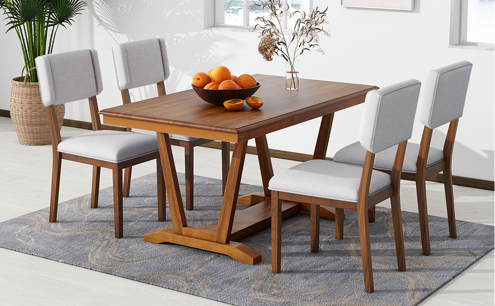 Rustic 5 Piece Dining Table Set With 4 Upholstered Chairs, 59 Inch Rectangular Dining Table With Trestle Table Base, Walnut Wood Dining Room Solid Wood Rubberwood Rectangular Dining Table With Chair