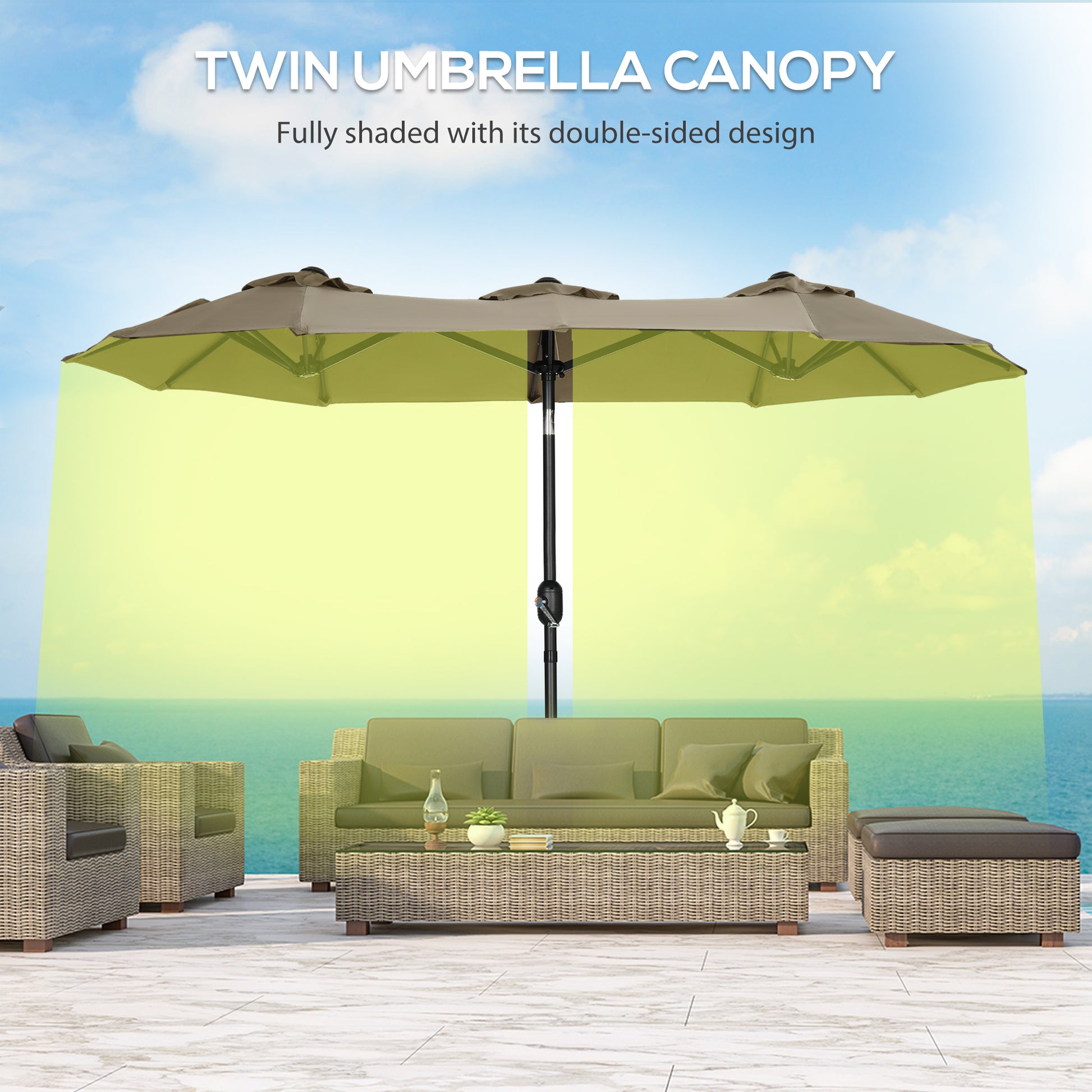 Outsunny Double Sided Patio Umbrella 9.5' Large Outdoor Market Umbrella With Push Button Tilt And Crank, 3 Air Vents And 12 Ribs, For Garden, Deck, Pool, Gray Light Brown Polyester