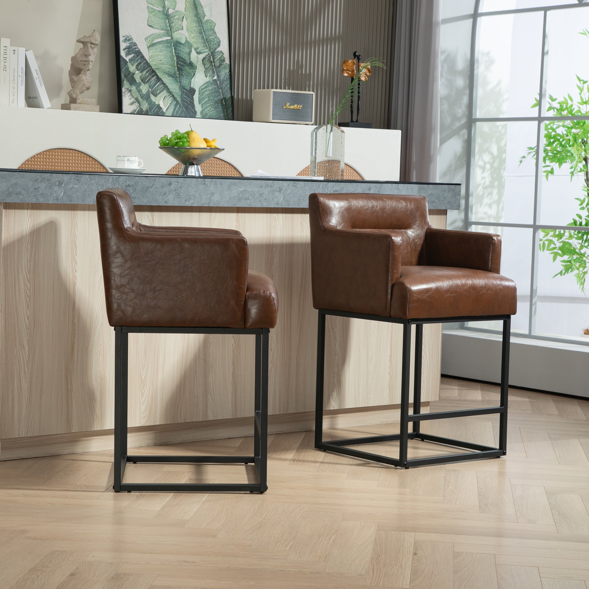 Coolmore Counter Height Bar Stools Set Of 2, Modern Barrel Bar Stool With Backrest And Arms, Black Metal Frames, Upholstered Bar Stools For Kitchen Island, Pub, Club Brown Pu Foam Pu Leather