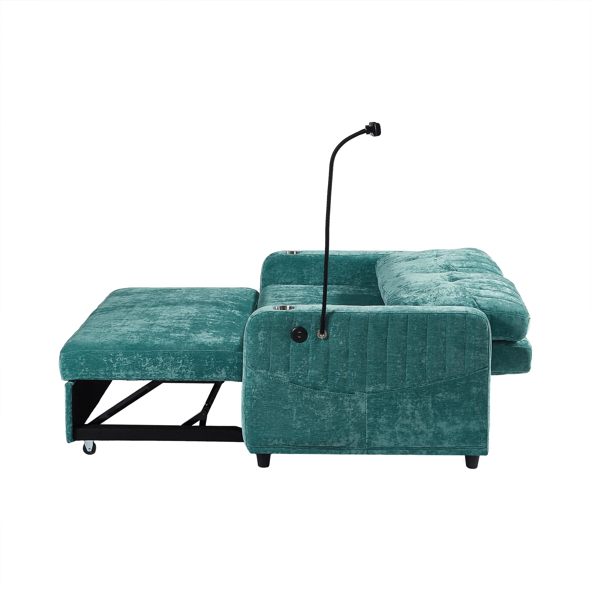 53.9" Modern Loveseat Pull Out Sofa Bed With Adjustable Backrest, Two Cup Holdersa Phone Holder, Three Charging Ports And Side Storage Pockets For Living Room, Teal Teal Foam Chenille