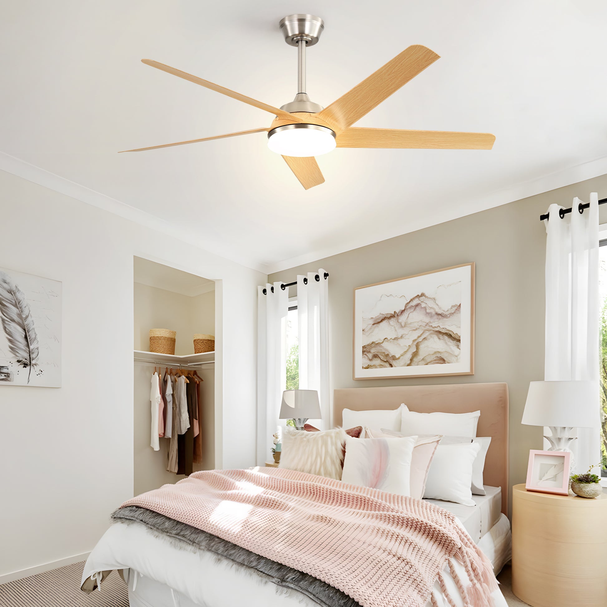 52 Inch Modern Ceiling Fan With Dimmable Led Light And Remote Control 5 Abs Blades 3 Color Tempearture Brushed Nickel Abs