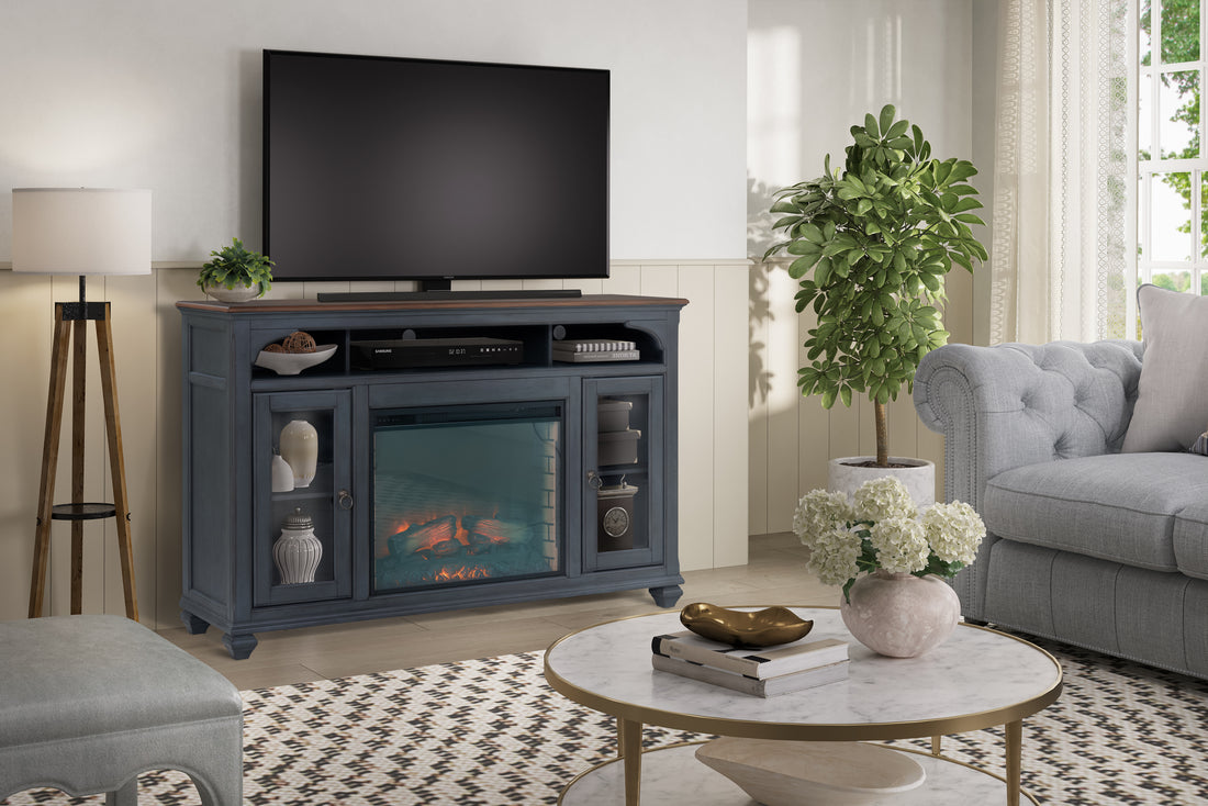 Americana 66 In Fireplace Tv Stand For Tvs Up To 80 Inches, Corduroy Blue Finish Blue 80 89 Inches Rubberwood Rubber Wood