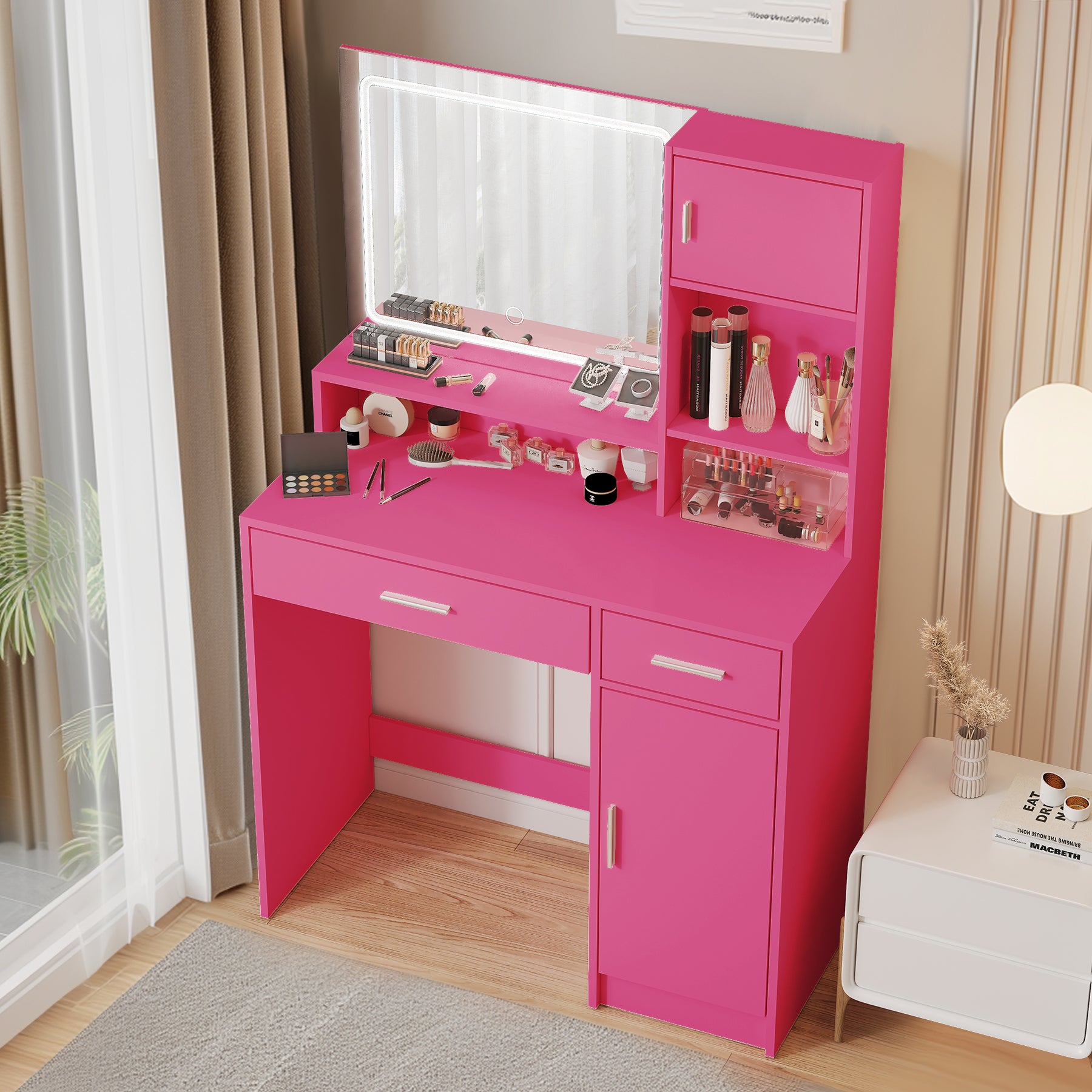 Vanity Desk With Mirror And Led Light Strip,Dressing Table With Large Drawer, 3 Level Storage Dresser & 3 Lighting Modes Adjustable Brightness, Suitable For Bedroom Rose Pink Rose Pink Particle Board