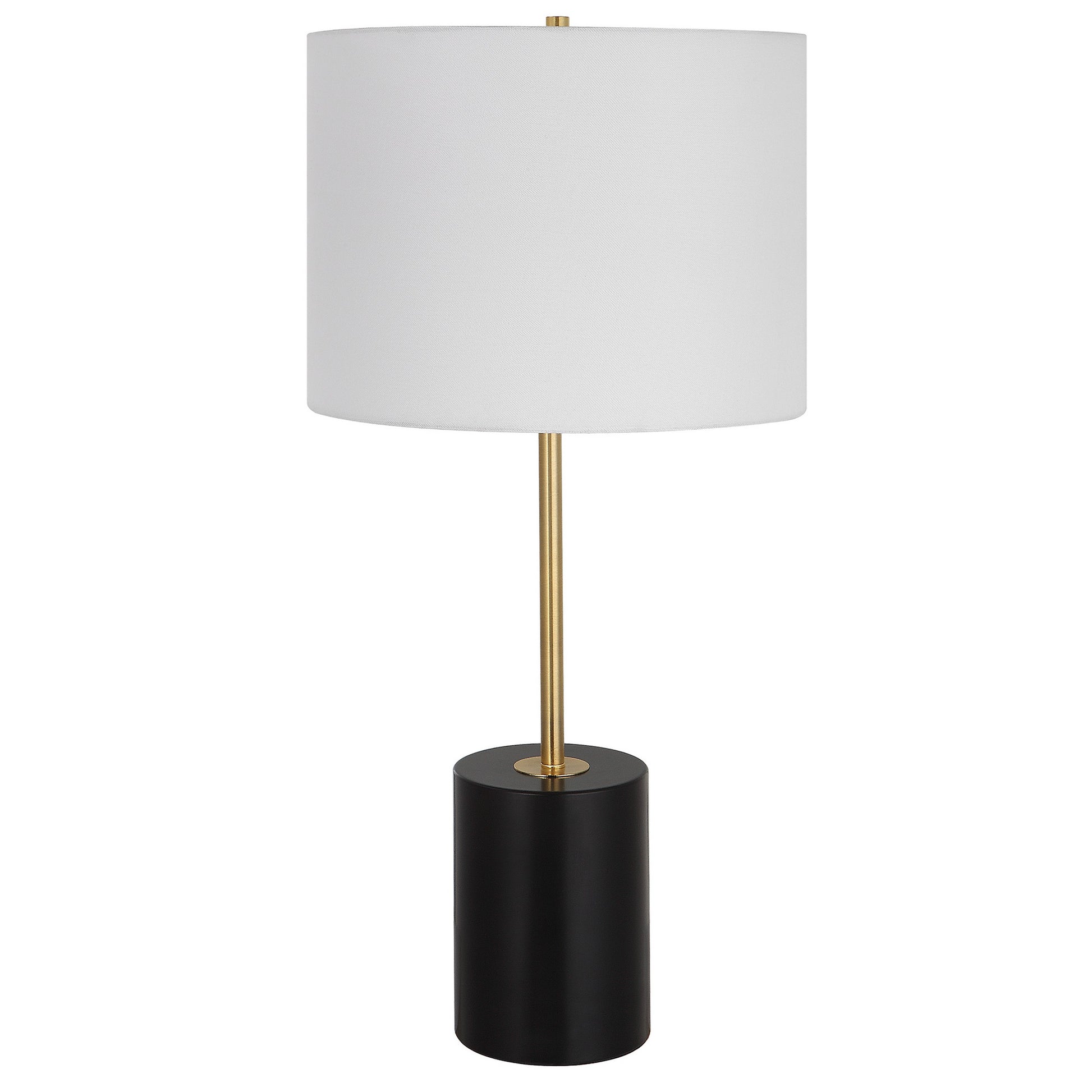 Lily 28 Inch Accent Lamp, White Round Hardback Drum Shade, Black, Gold White Black Fabric Metal