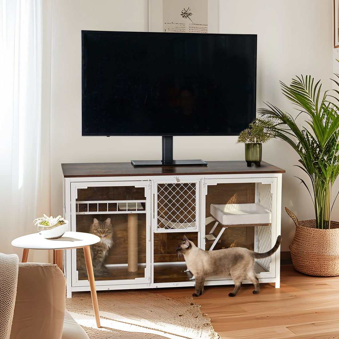 Wooden Cat House, Cat Villa, Cat Cages Indoor, Tv Stand With Cat House White Vintage American Design Cat Particle Board