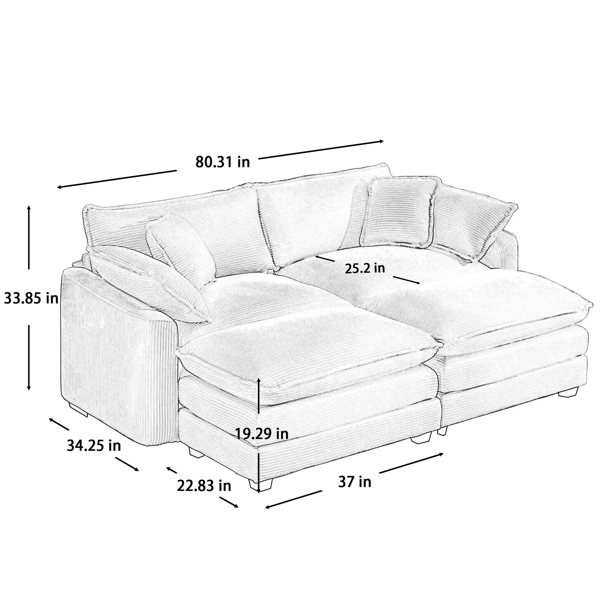 Corduroy Two Seater Sofa With 2 Footrest, 2 Seater Sofa With Ottoman To Work As Sofa Bed For Small Living Spaces, Light Beige Corduroy Sofa Beige Corduroy 2 Seat