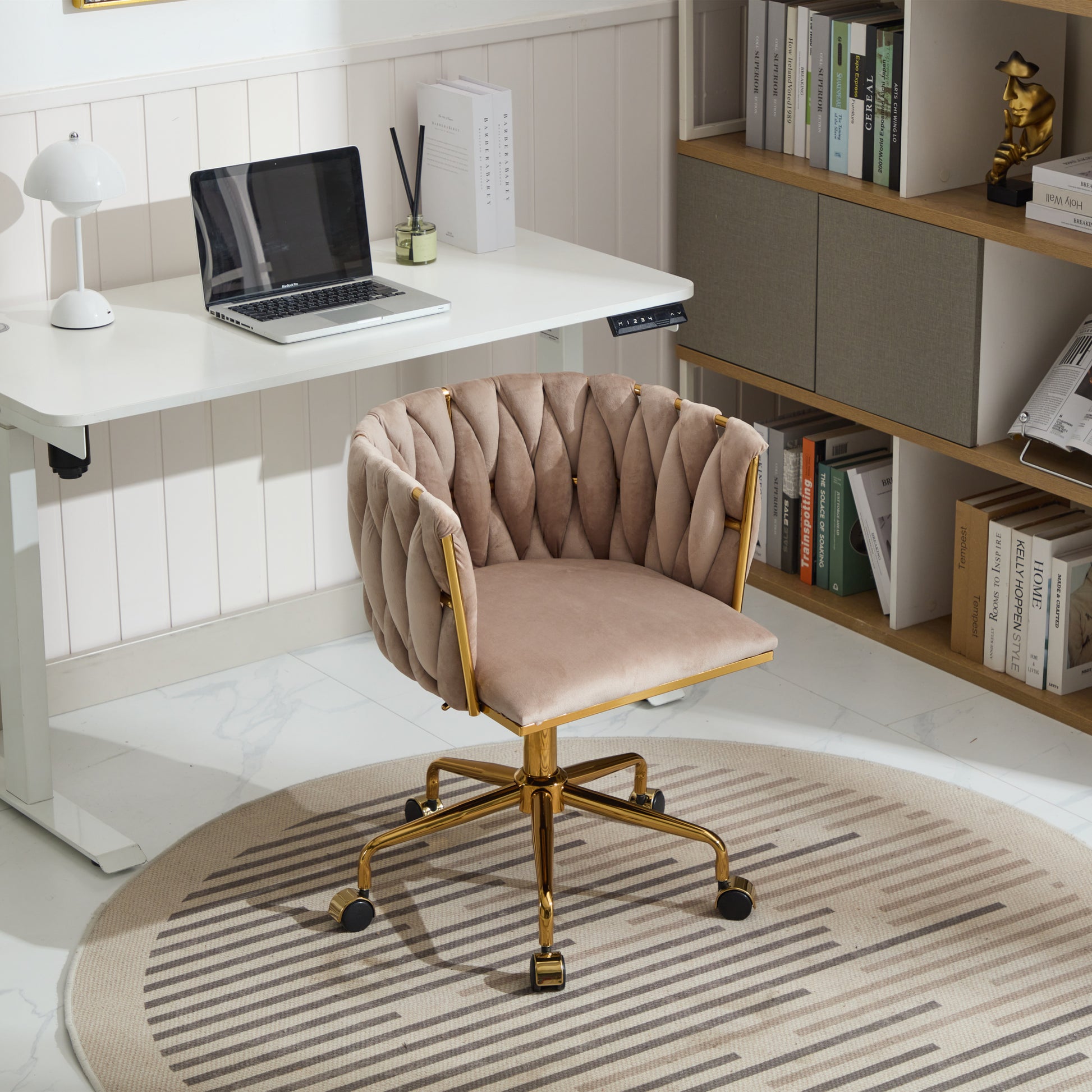 Velvet Vanity Chair With Wheels, Accent Chair Makeup Vanity Chair With Hand Woven Backrest, Modern 360 Swivel Home Office Desk Chair For Study, Bedroom, Living Room Gray Iron Gray Primary Living Space Foam Modern Lounge Chair Cross Back 1 Velvet