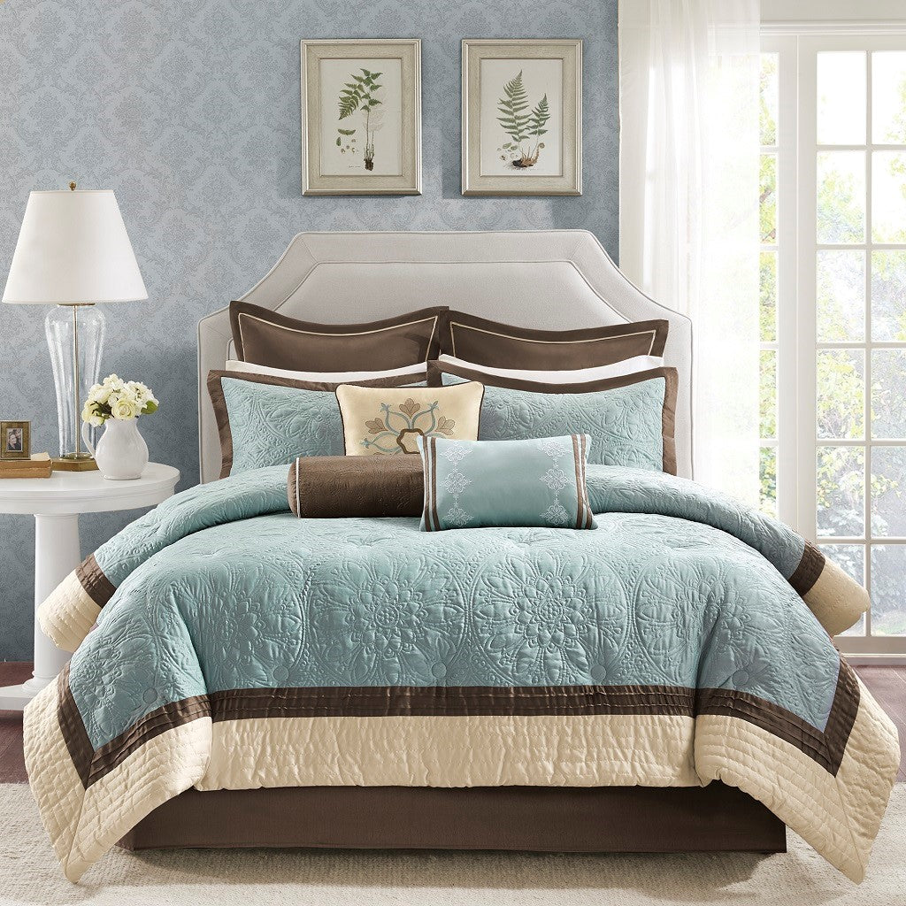 9 Piece Charmeuse Comforter Set Blue King King Blue Polyester